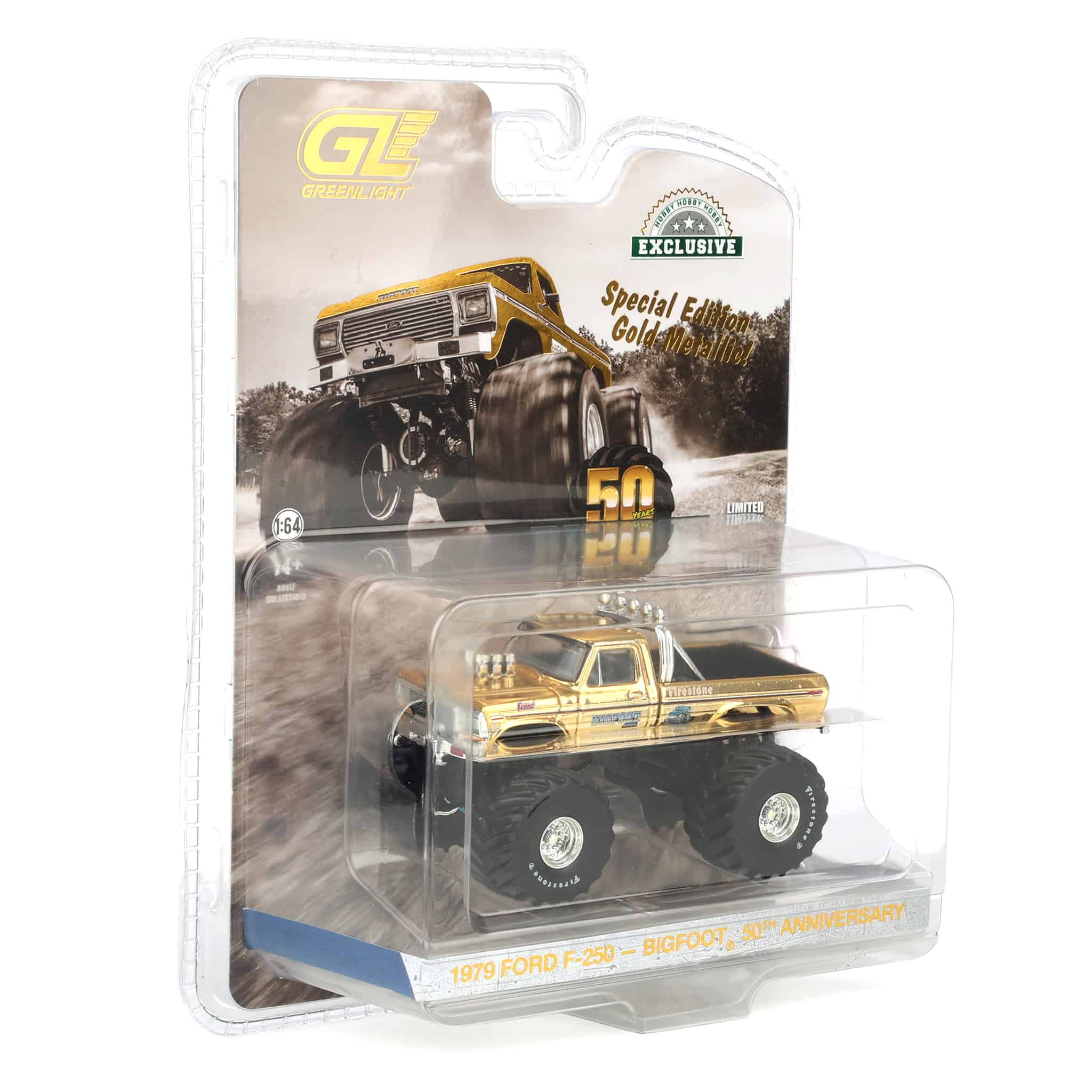 (B&D) Gold Chrome Chase ~ 1/64 1979 Ford F-250 Monster Truck, Gold Metallic, Hobby Exclusive Bigfoot #1 50th Anniversary - Damaged Box - Image 2