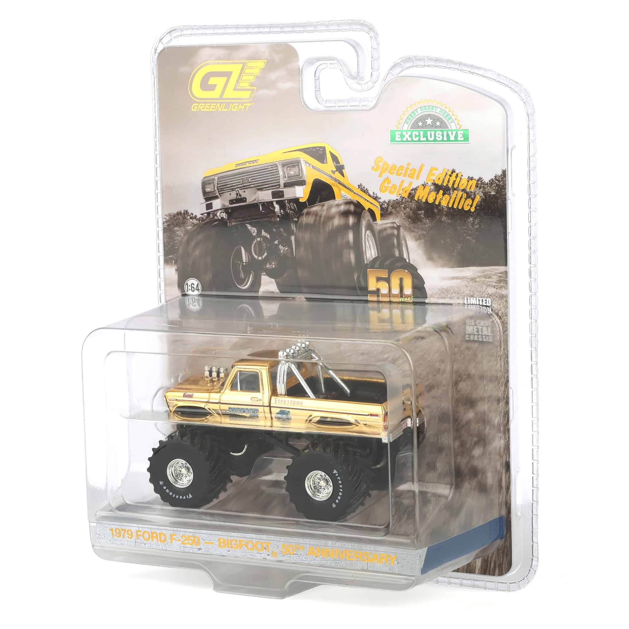 (B&D) Gold Chrome Chase ~ 1/64 1979 Ford F-250 Monster Truck, Gold Metallic, Hobby Exclusive Bigfoot #1 50th Anniversary - Damaged Box - Image 3