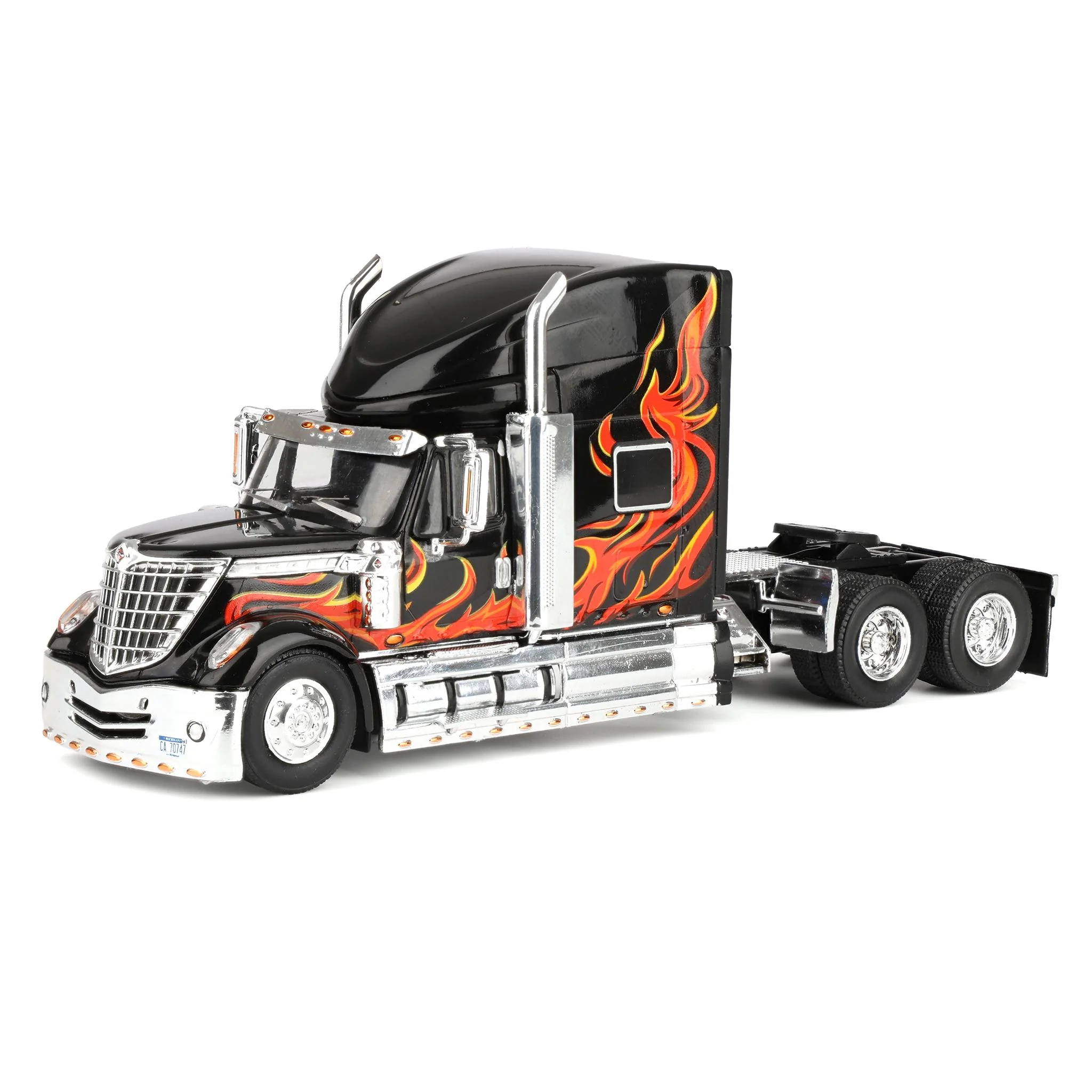 (B&D) 1/64 2010 International Lonestar Truck with High-Rise Sleeper by IXO America, Black with Flames - Damaged Box