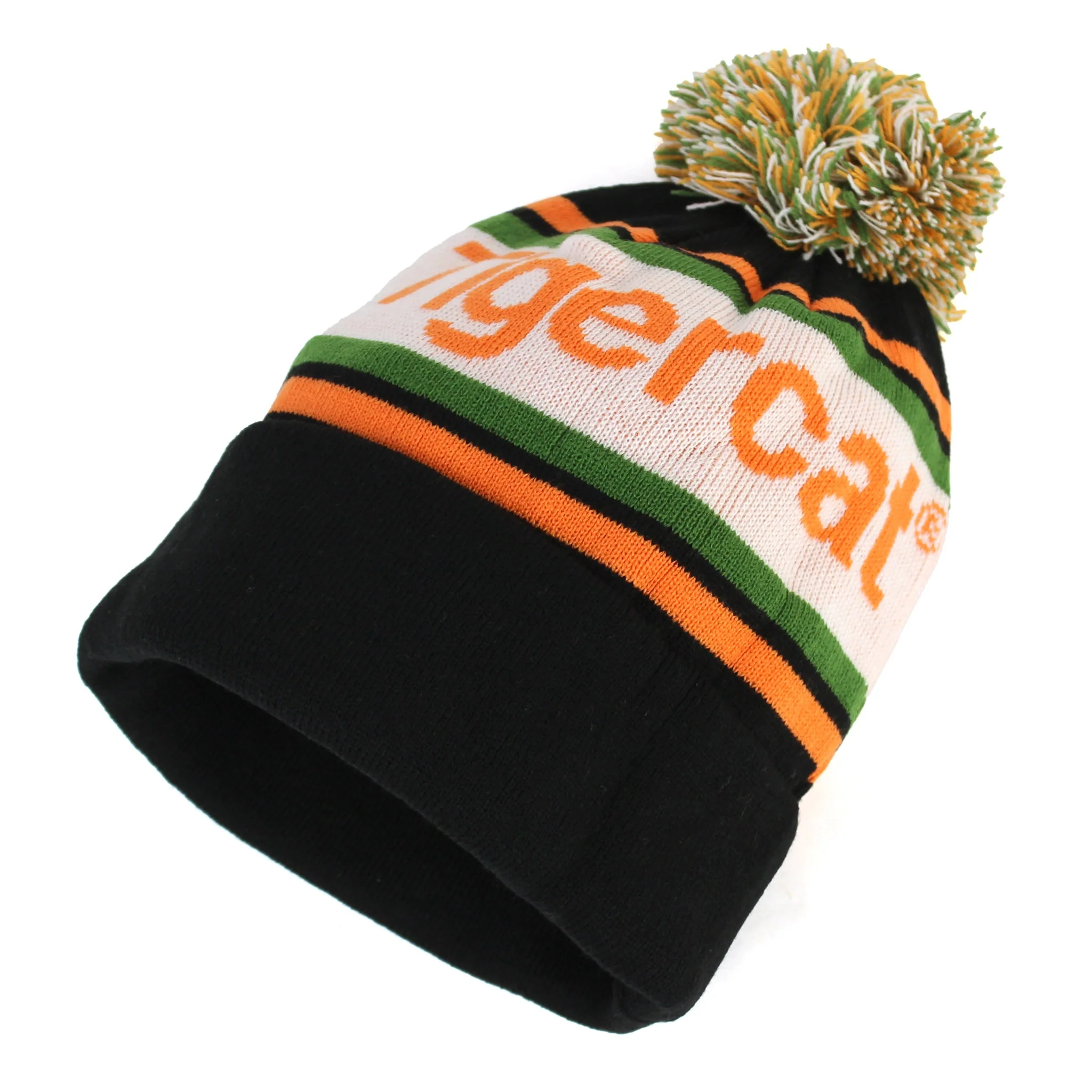 Multi-Colored Tigercat Beanie with Pom-Pom - Black, White, Orange & Green - Image 2