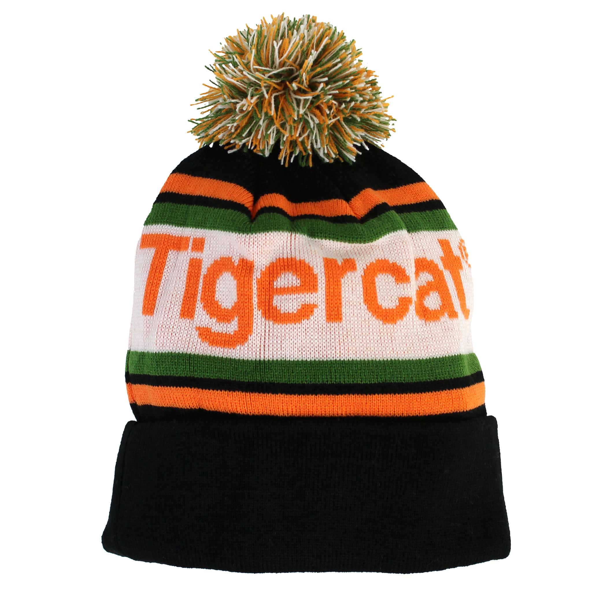 Multi-Colored Tigercat Beanie with Pom-Pom - Black, White, Orange & Green - Image 3