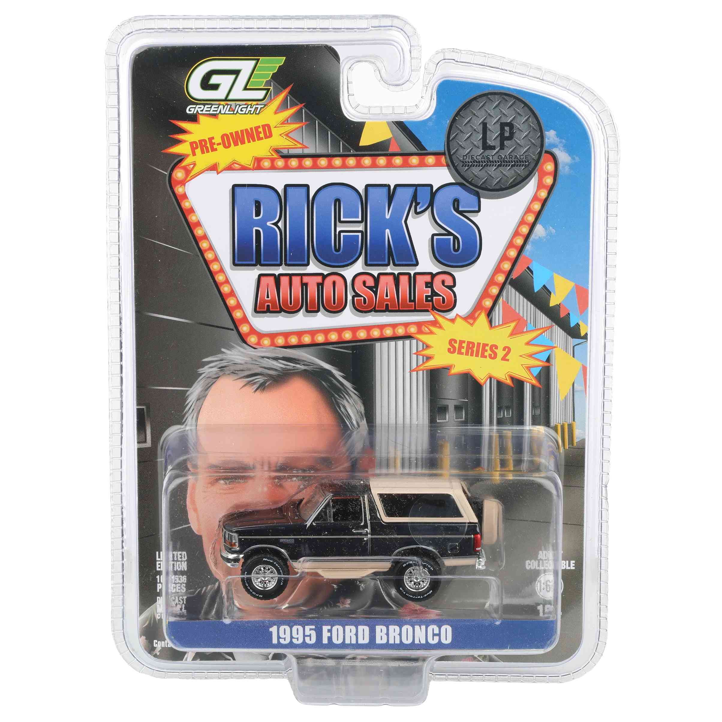 Black Chrome Chase Unit ~ 1/64 1995 Ford Bronco, Black with Tan Roof, Rick's Auto Sales Series 2 by GreenLight Collectibles