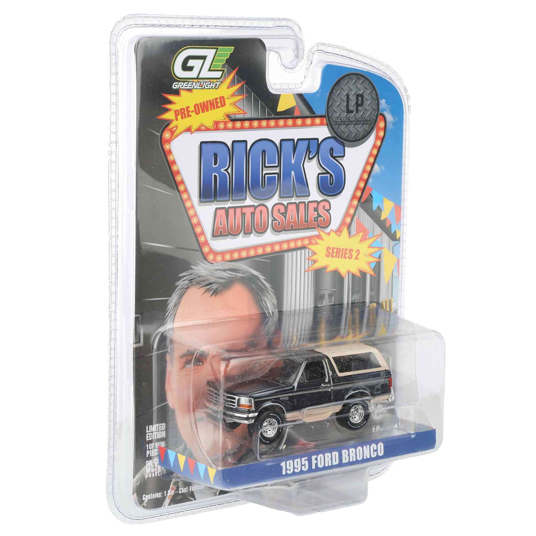 Black Chrome Chase Unit ~ 1/64 1995 Ford Bronco, Black with Tan Roof, Rick's Auto Sales Series 2 by GreenLight Collectibles - Image 2