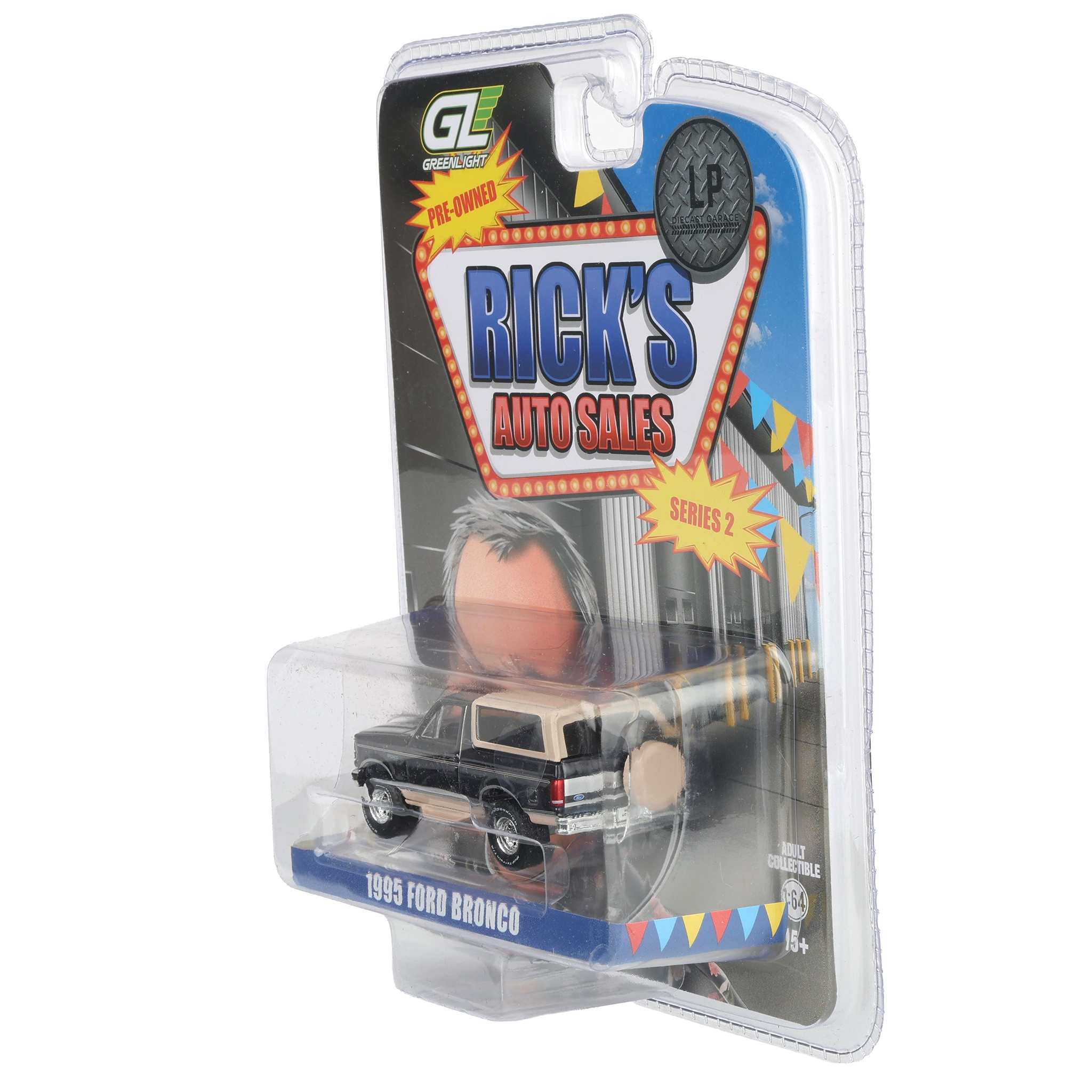 Black Chrome Chase Unit ~ 1/64 1995 Ford Bronco, Black with Tan Roof, Rick's Auto Sales Series 2 by GreenLight Collectibles - Image 3