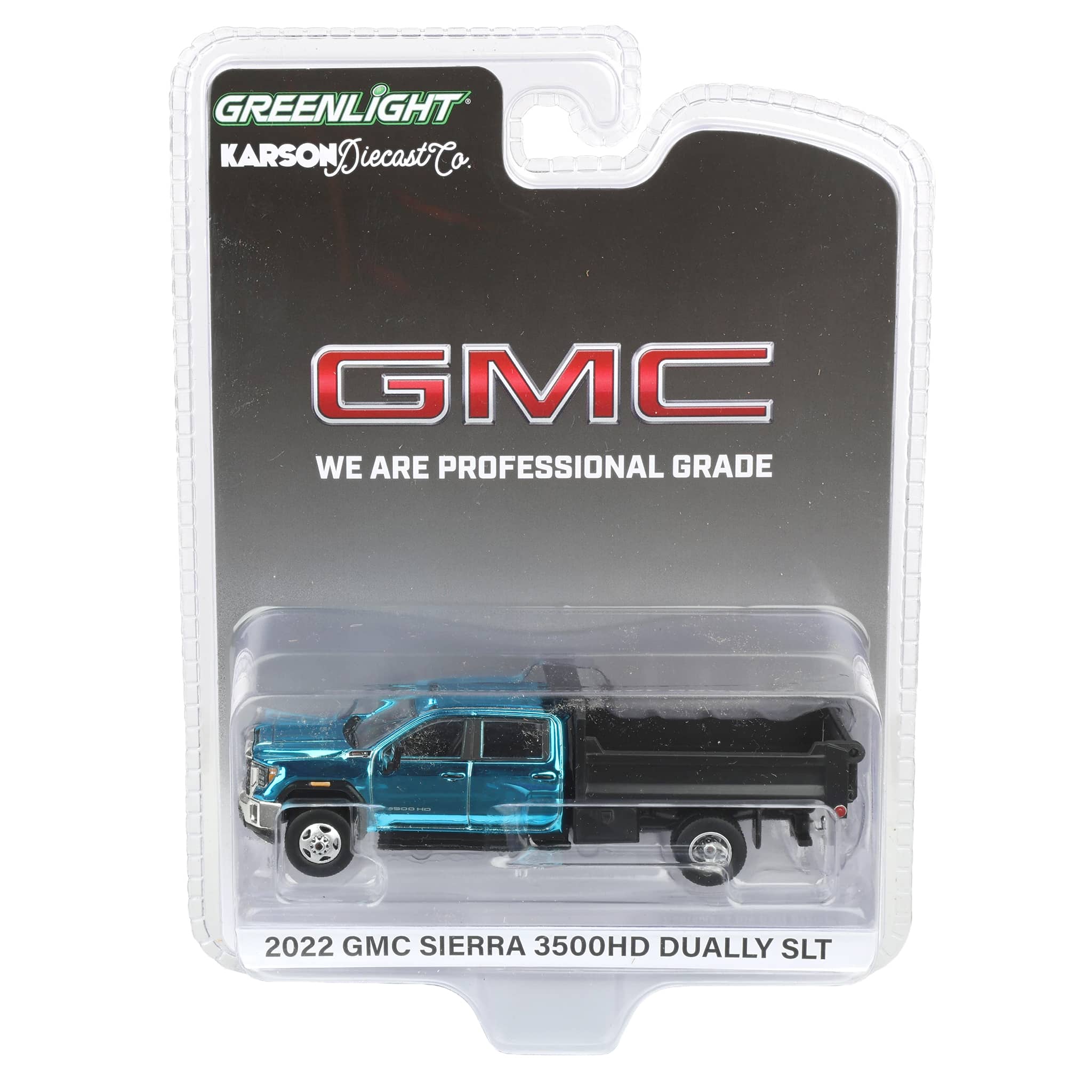 Blue Chrome Chase ~ 1/64 2022 GMC Sierra 3500HD Pickup Truck with Dump Bed, Summit White, Karson Diecast Exclusive