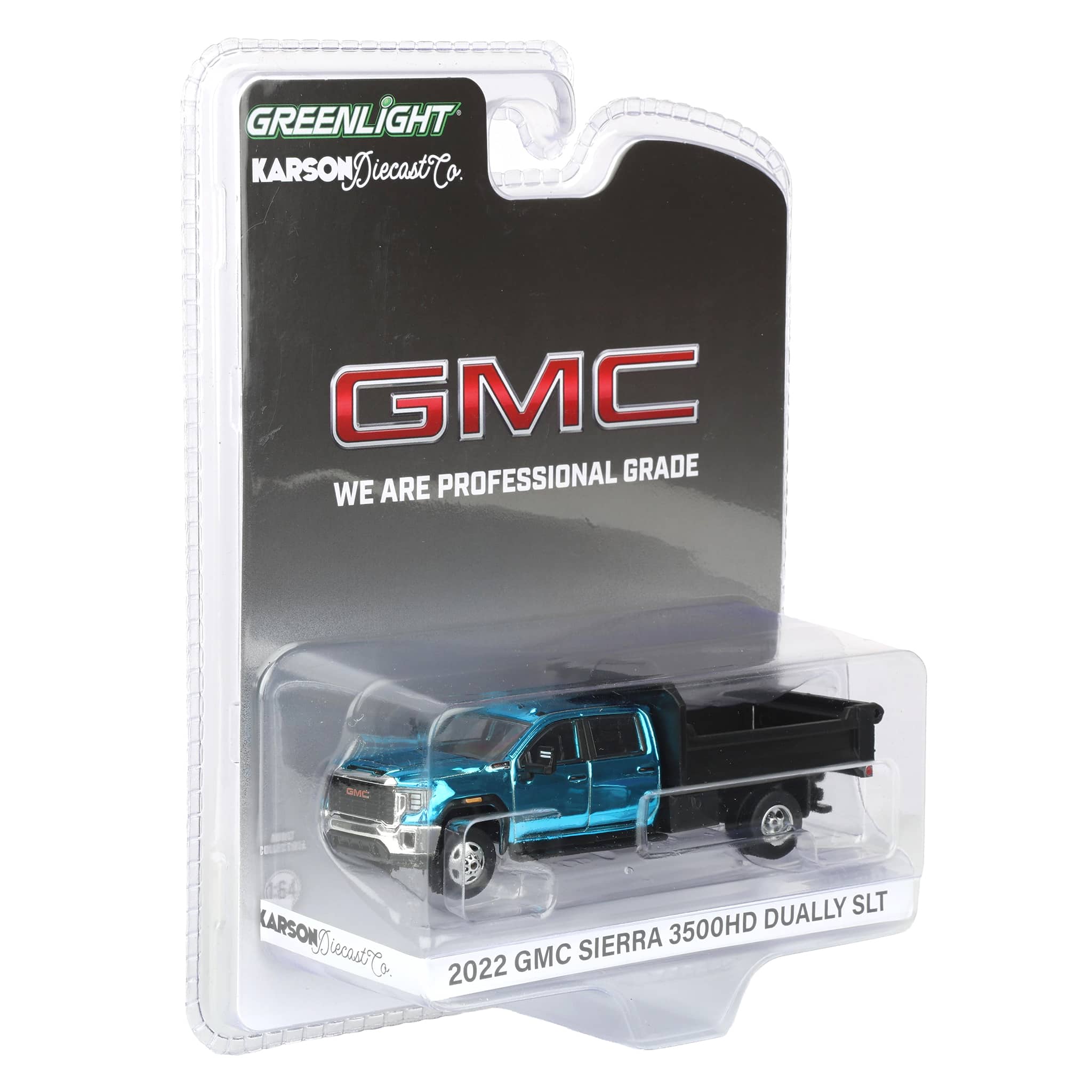 Blue Chrome Chase ~ 1/64 2022 GMC Sierra 3500HD Pickup Truck with Dump Bed, Summit White, Karson Diecast Exclusive - Image 2