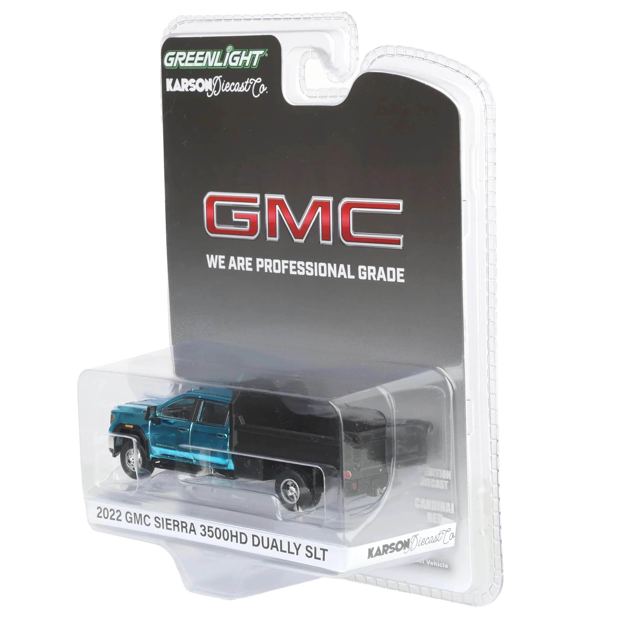 Blue Chrome Chase ~ 1/64 2022 GMC Sierra 3500HD Pickup Truck with Dump Bed, Summit White, Karson Diecast Exclusive - Image 3