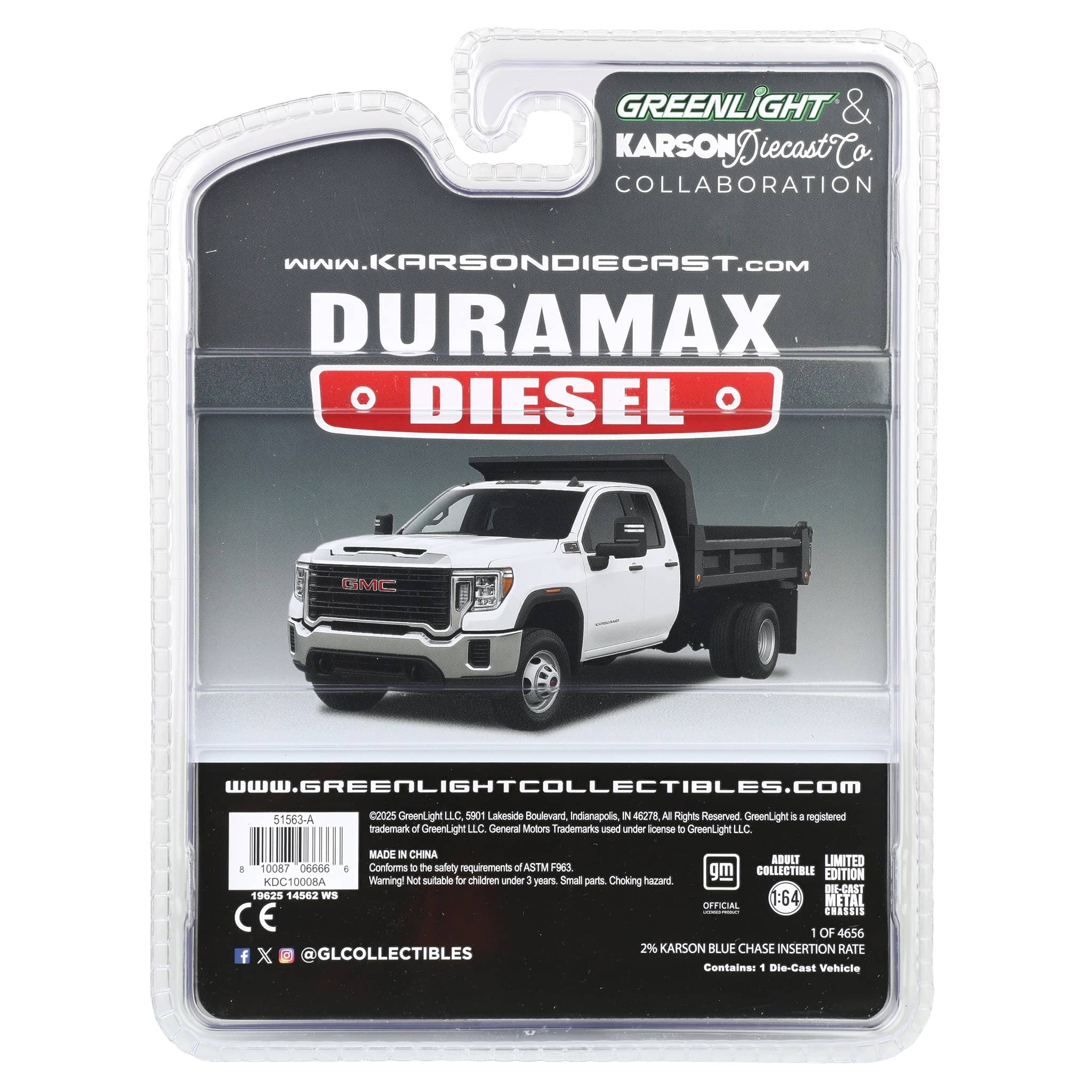 Blue Chrome Chase ~ 1/64 2022 GMC Sierra 3500HD Pickup Truck with Dump Bed, Summit White, Karson Diecast Exclusive - Image 4