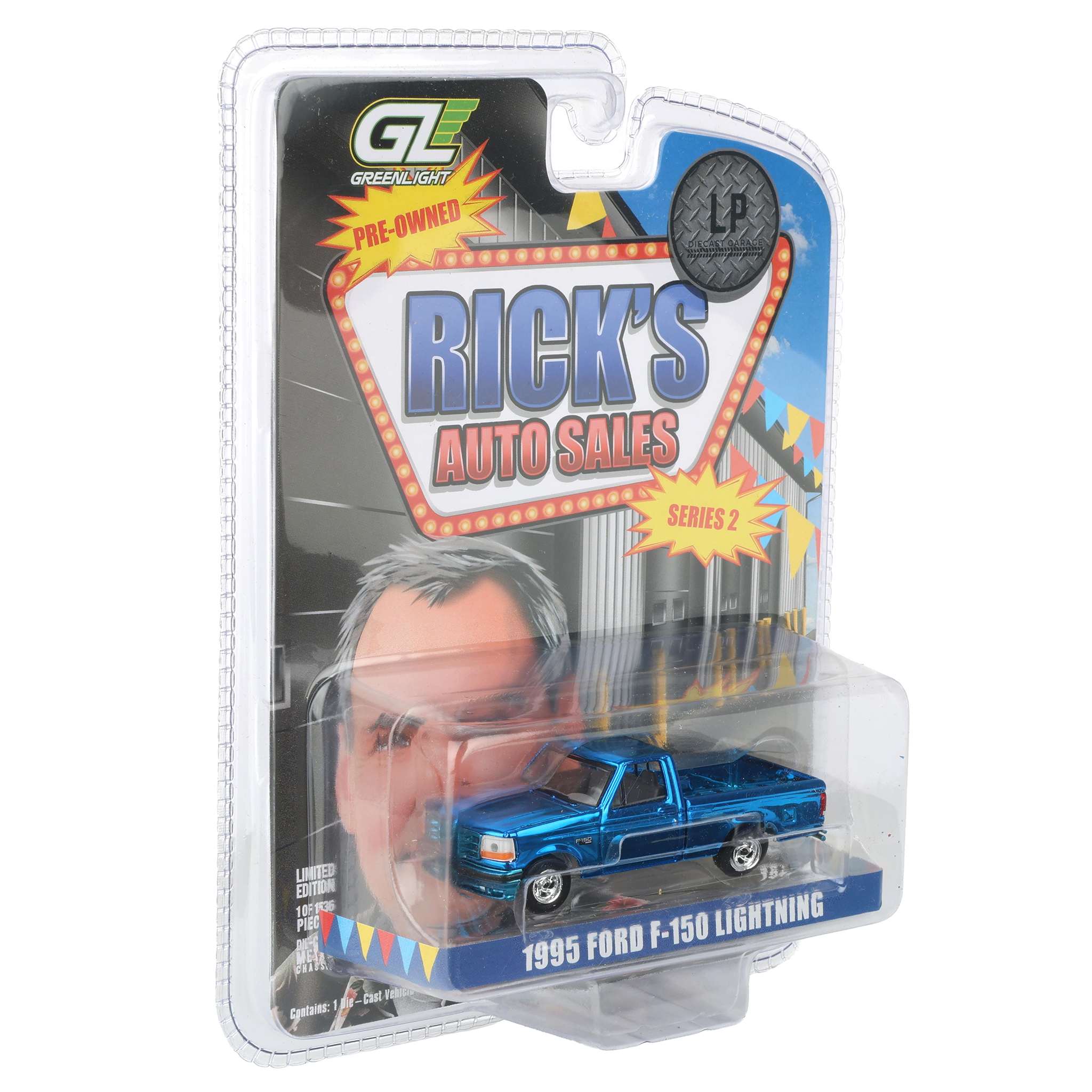 Blue Chrome Chase Unit ~ 1/64 1995 Ford F-150 Lightning Pickup Truck, Rick's Auto Sales Series 2 by GreenLight Collectibles - Image 2