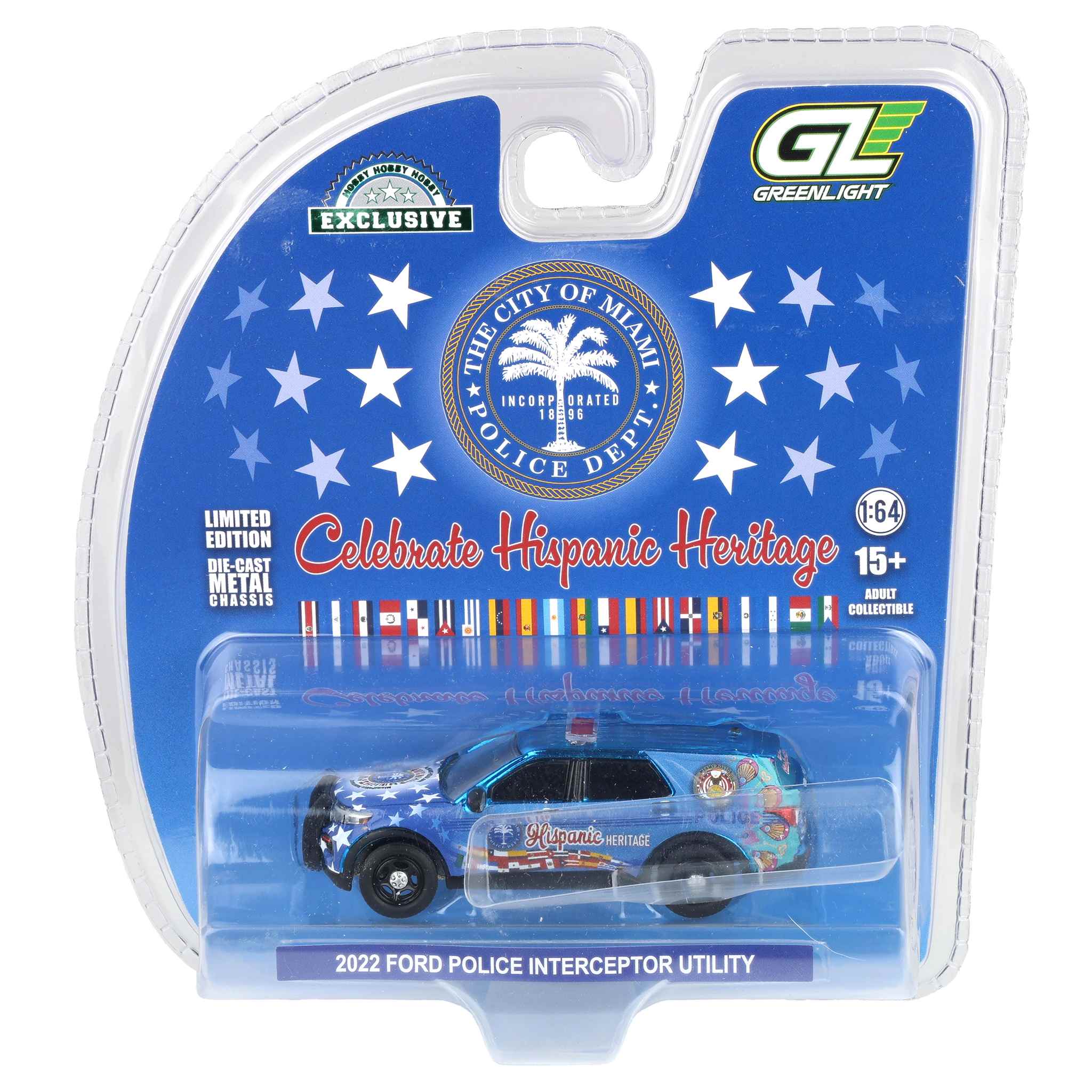 Blue Chrome Chase Unit ~ 1/64 2022 Ford Police Interceptor Utility, Miami Police Department Hispanic Heritage Deco , Hobby Exclusive by GreenLight Collectibles