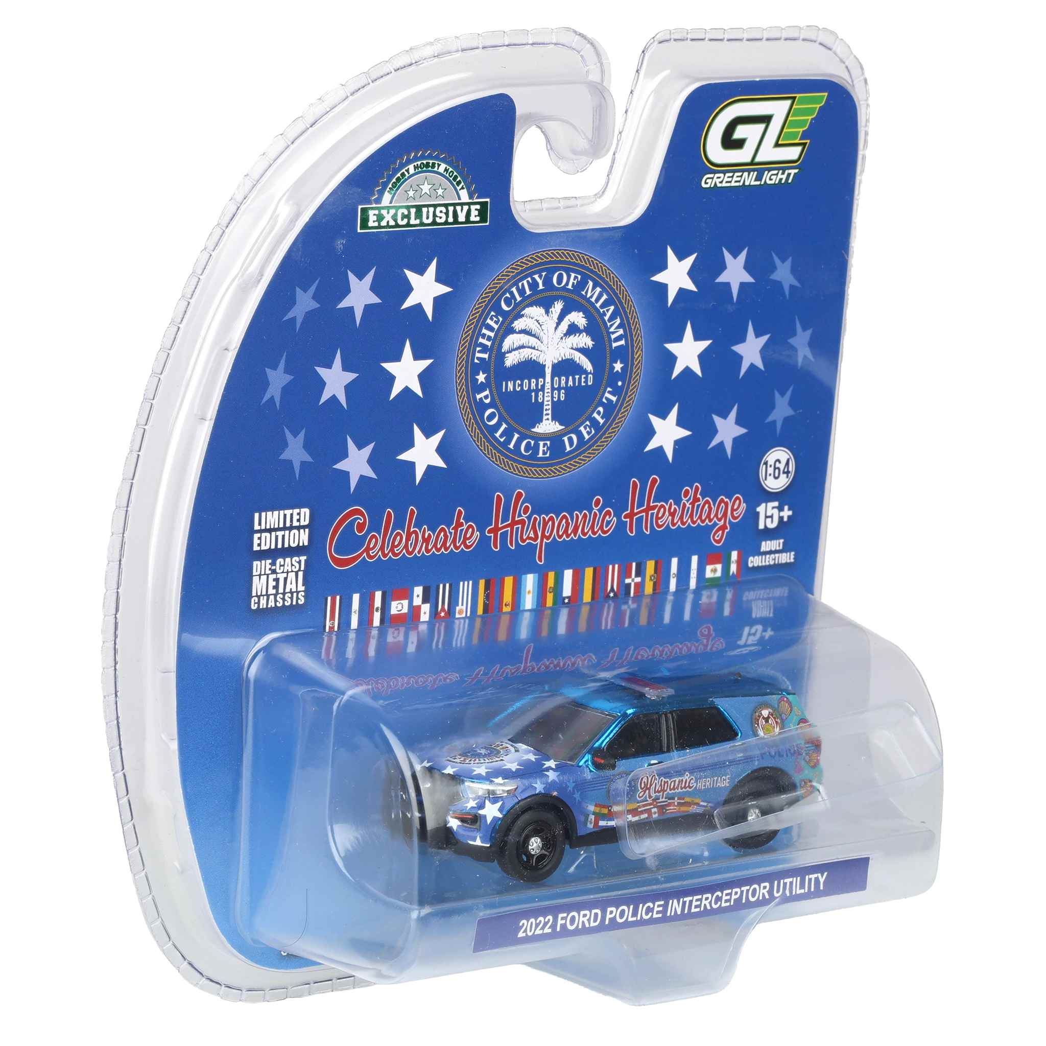 Blue Chrome Chase Unit ~ 1/64 2022 Ford Police Interceptor Utility, Miami Police Department Hispanic Heritage Deco , Hobby Exclusive by GreenLight Collectibles - Image 2