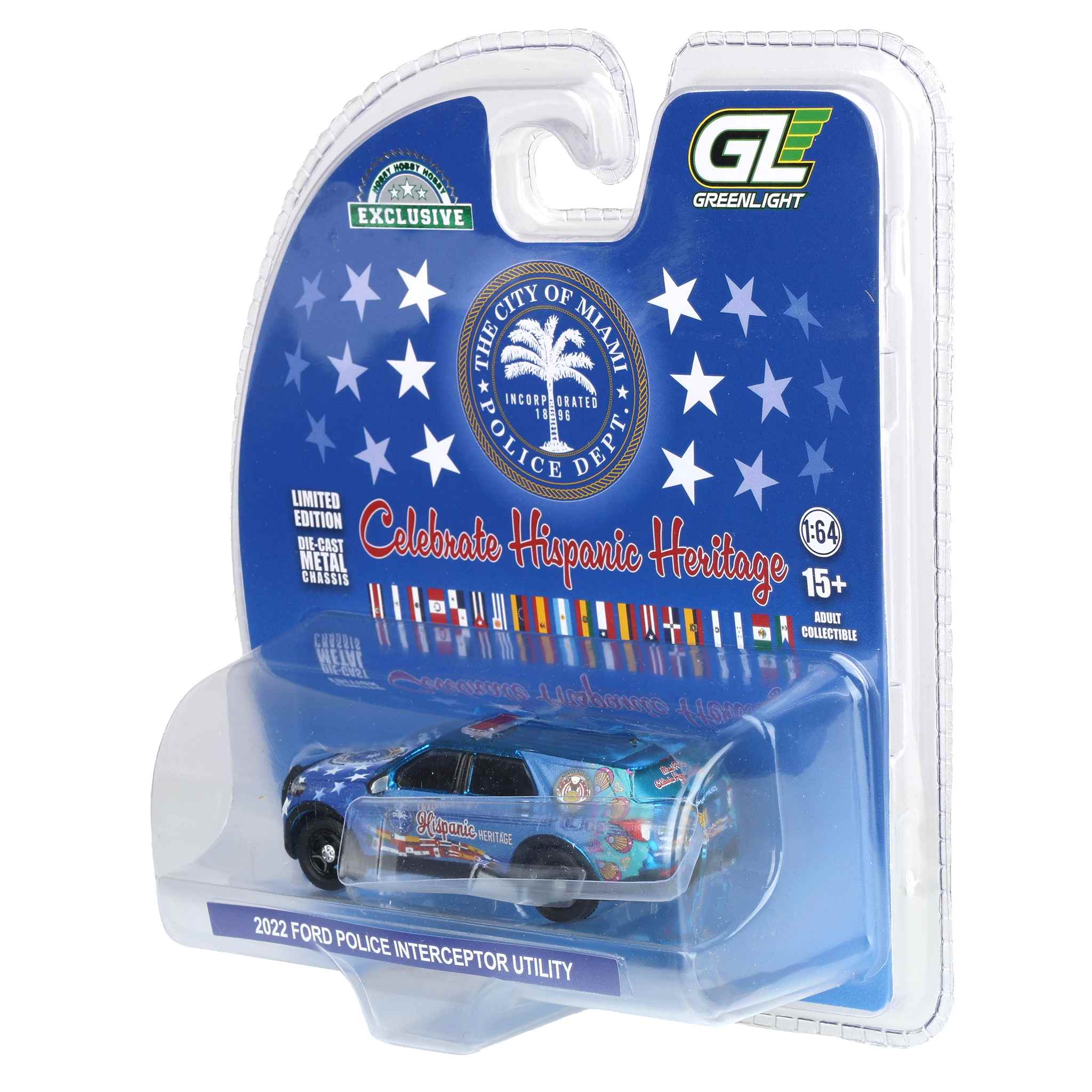 Blue Chrome Chase Unit ~ 1/64 2022 Ford Police Interceptor Utility, Miami Police Department Hispanic Heritage Deco , Hobby Exclusive by GreenLight Collectibles - Image 3