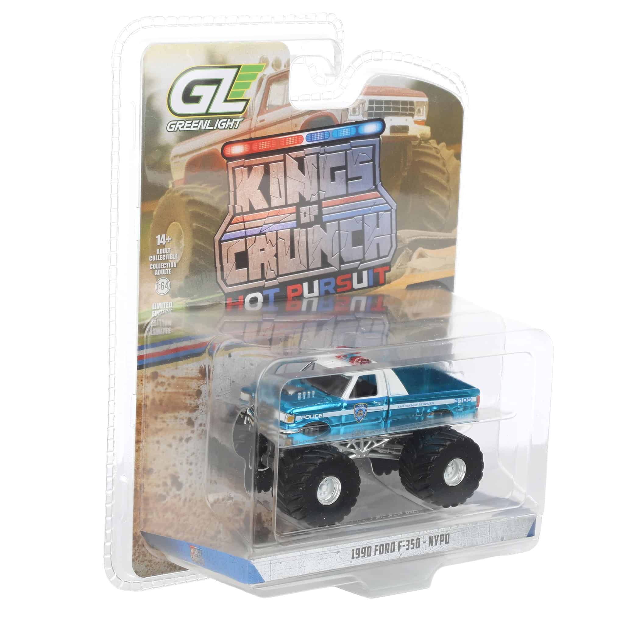 Blue Chrome Super Chase Unit ~ 1/64 1990 Ford F-350, NYPD, Kings of Crunch x Hot Pursuit Special Edition Series 17 - Image 2