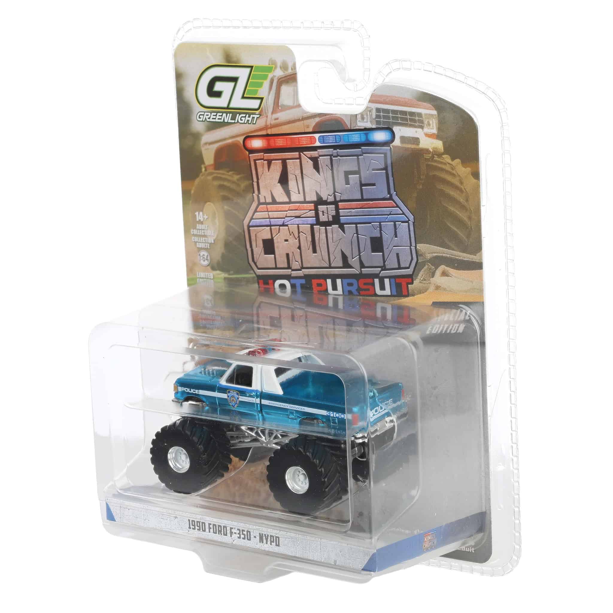 Blue Chrome Super Chase Unit ~ 1/64 1990 Ford F-350, NYPD, Kings of Crunch x Hot Pursuit Special Edition Series 17 - Image 3