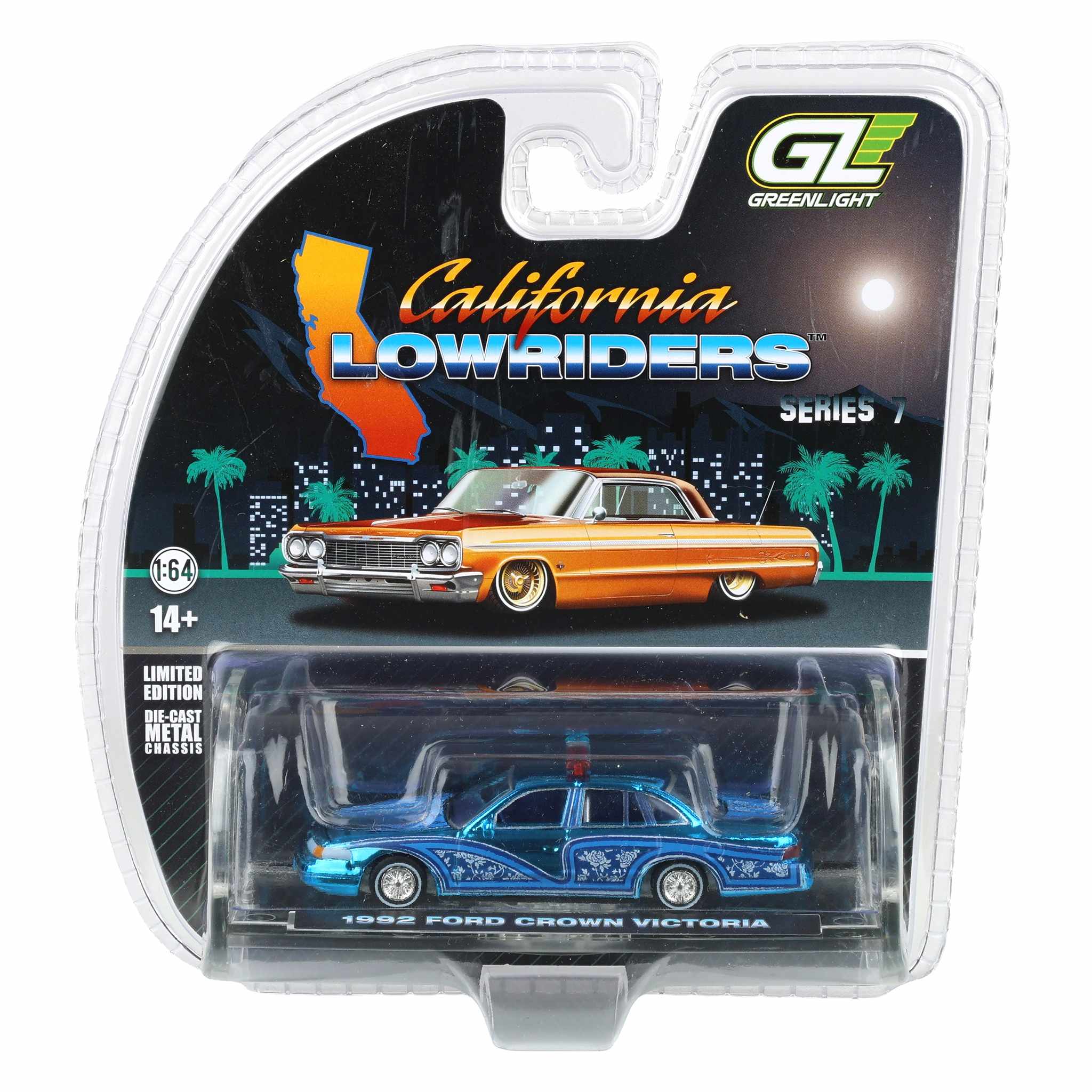 Blue Chrome Super Chase Unit ~ 1/64 1992 Ford Crown Victoria Lowrider, Blue with Lightbar, California Lowriders Series 7 by GreenLight