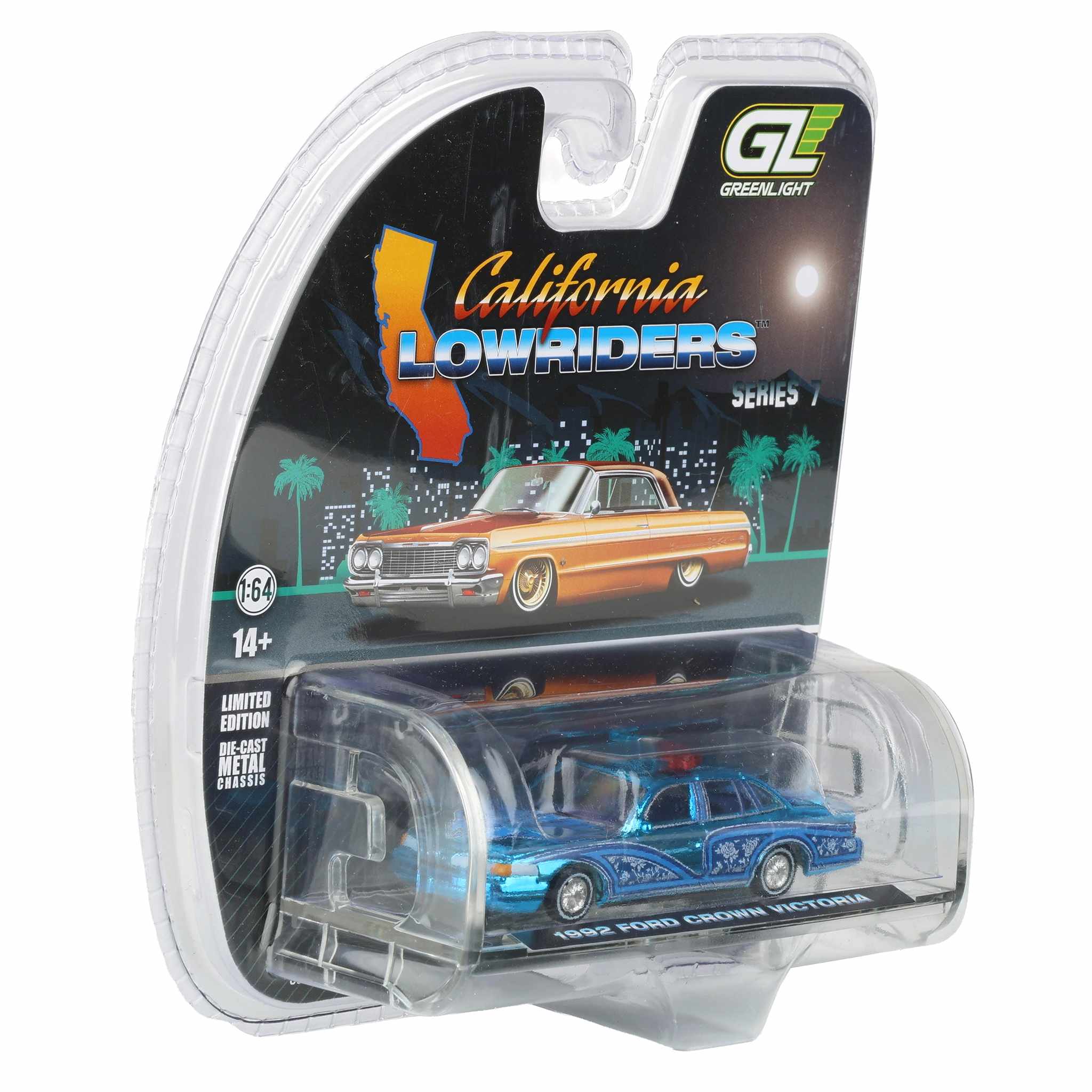 Blue Chrome Super Chase Unit ~ 1/64 1992 Ford Crown Victoria Lowrider, Blue with Lightbar, California Lowriders Series 7 by GreenLight - Image 2