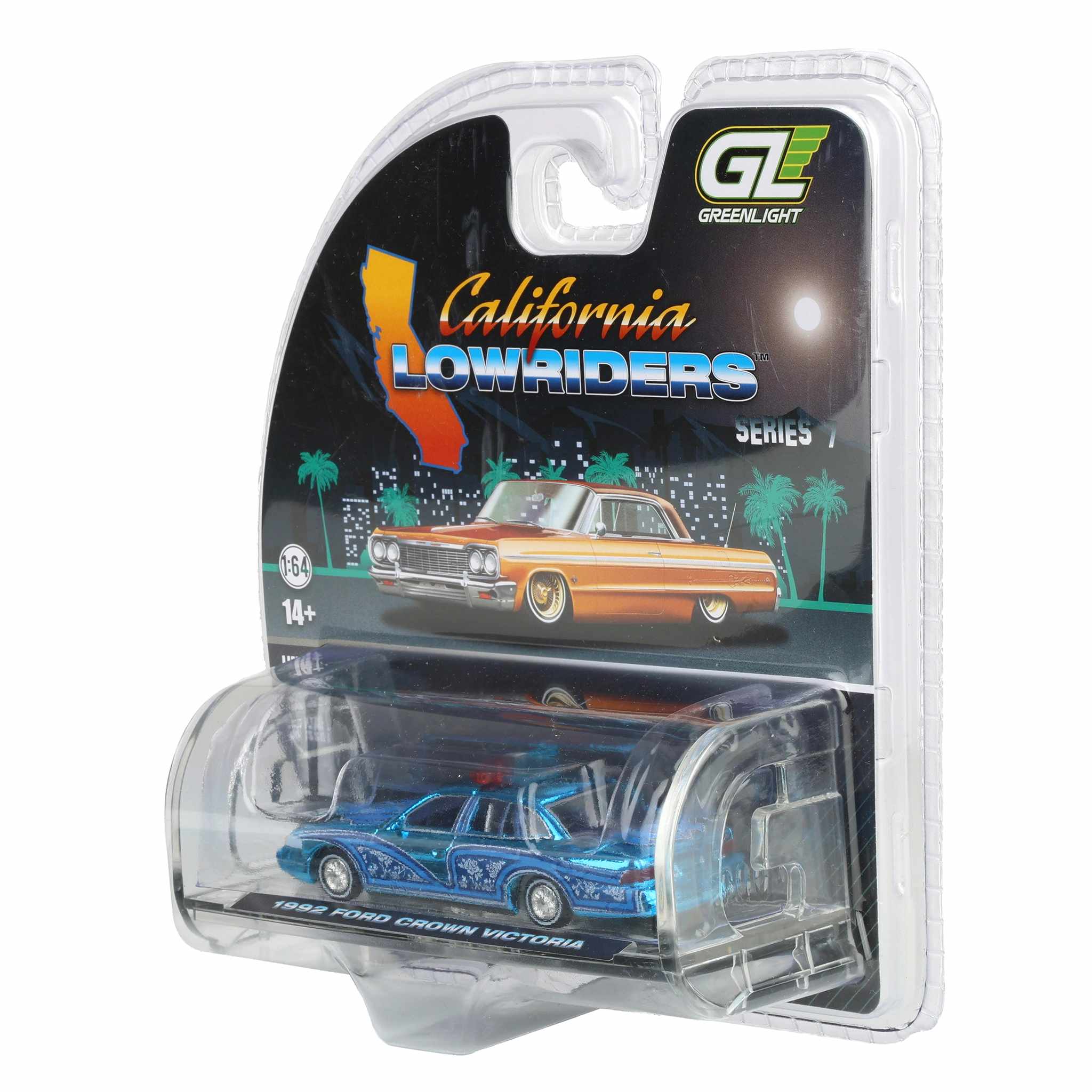 Blue Chrome Super Chase Unit ~ 1/64 1992 Ford Crown Victoria Lowrider, Blue with Lightbar, California Lowriders Series 7 by GreenLight - Image 3