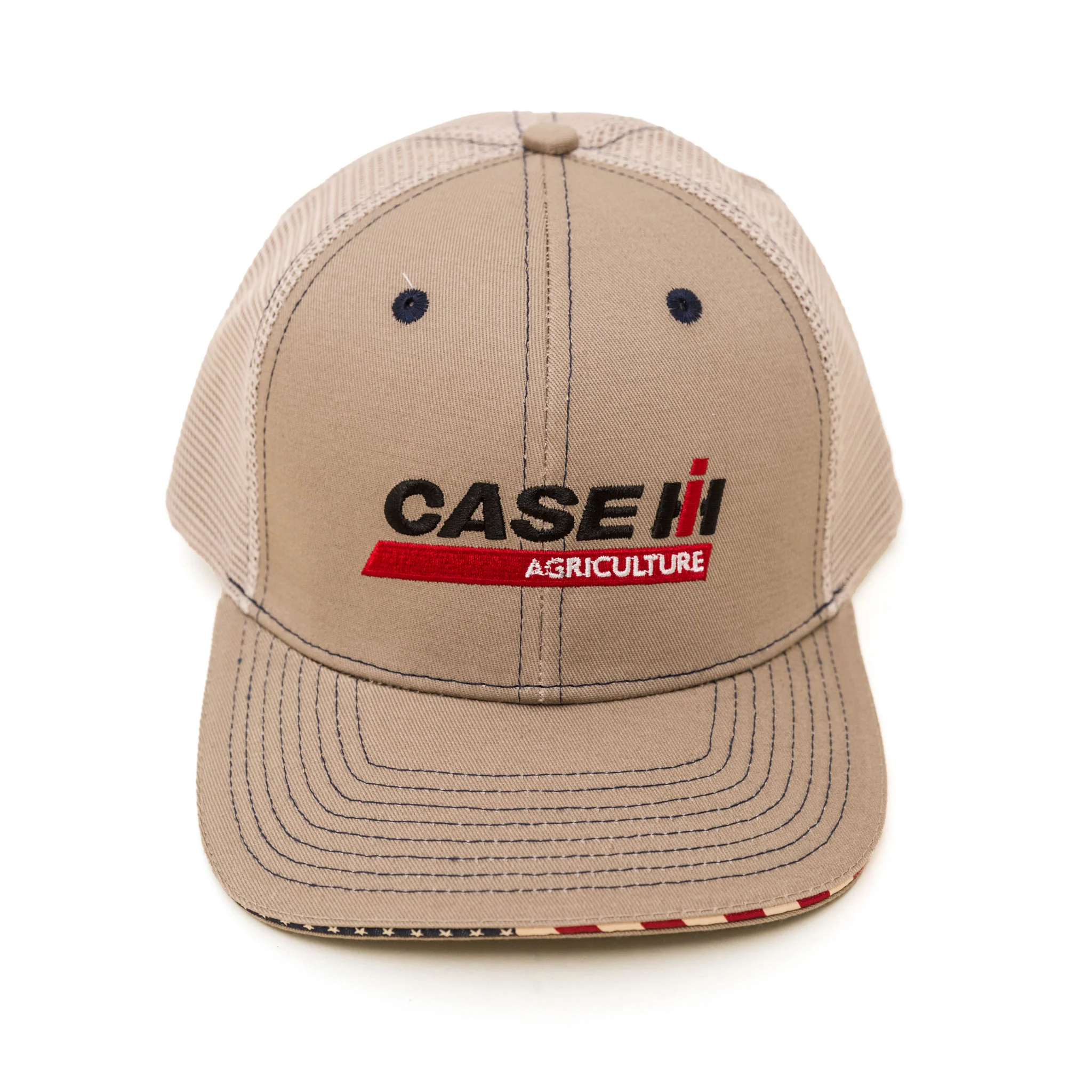 Case IH Khaki Mesh Back Trucker Hat with Embroidered Logo & American Flag Patch - Image 2