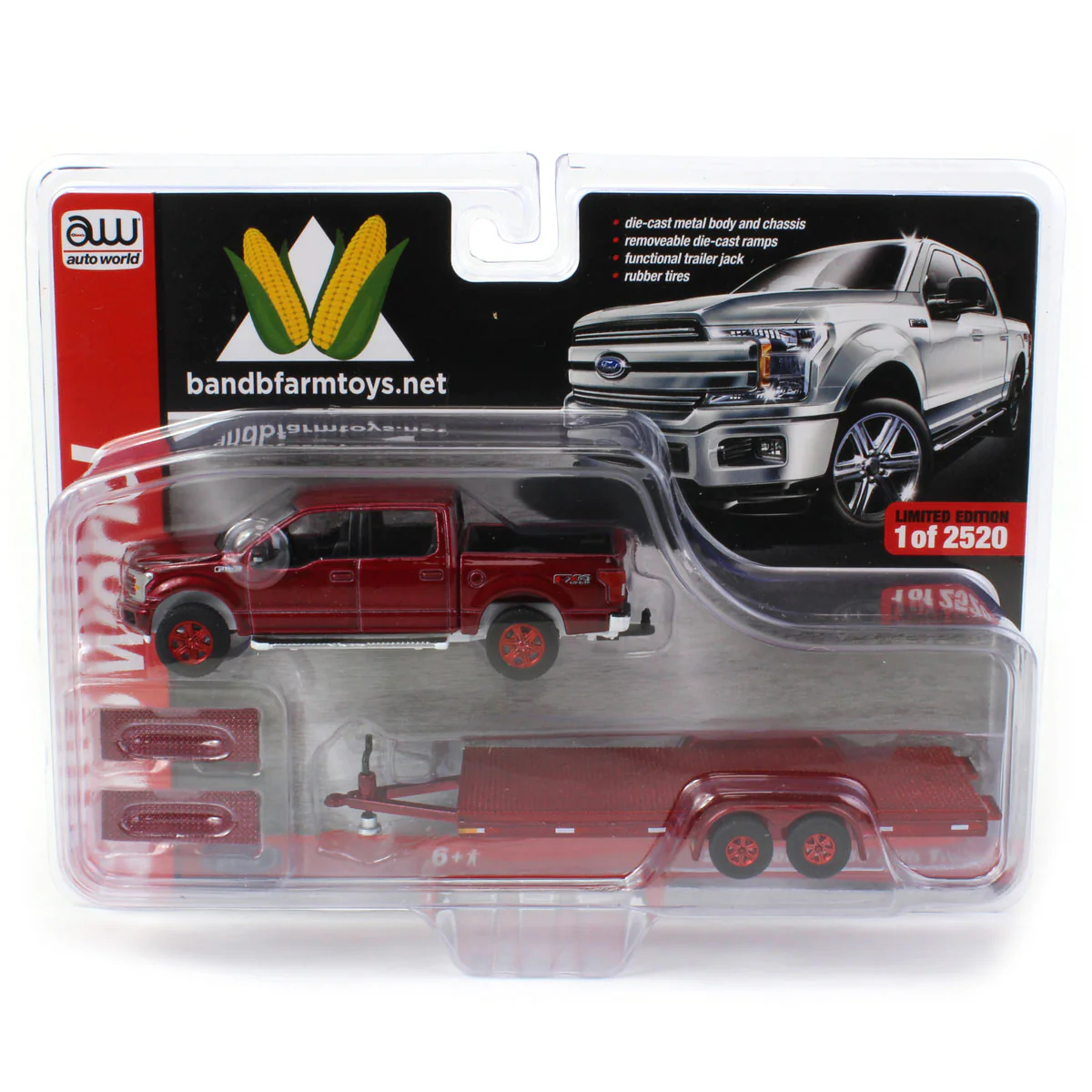 Chase Unit ~ 1/64 Cherry Red 2019 Ford F-150 with Red Trailer & Red Wheels by Auto World