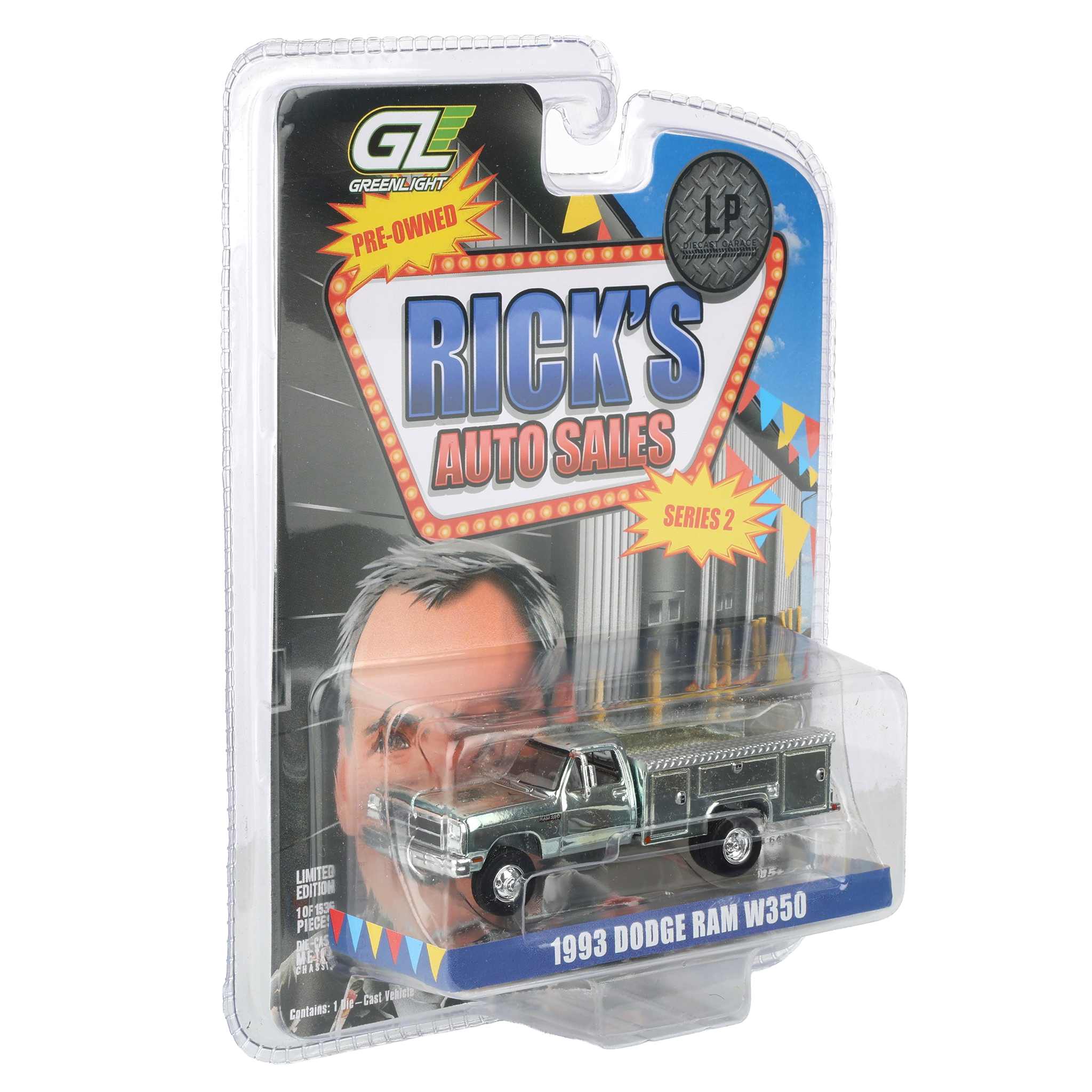 Silver Chrome Chase Unit ~ 1/64 1993 Dodge Ram 350 Pickup Truck with Service Bed, Rick's Auto Sales Series 2 by GreenLight Collectibles - Image 2