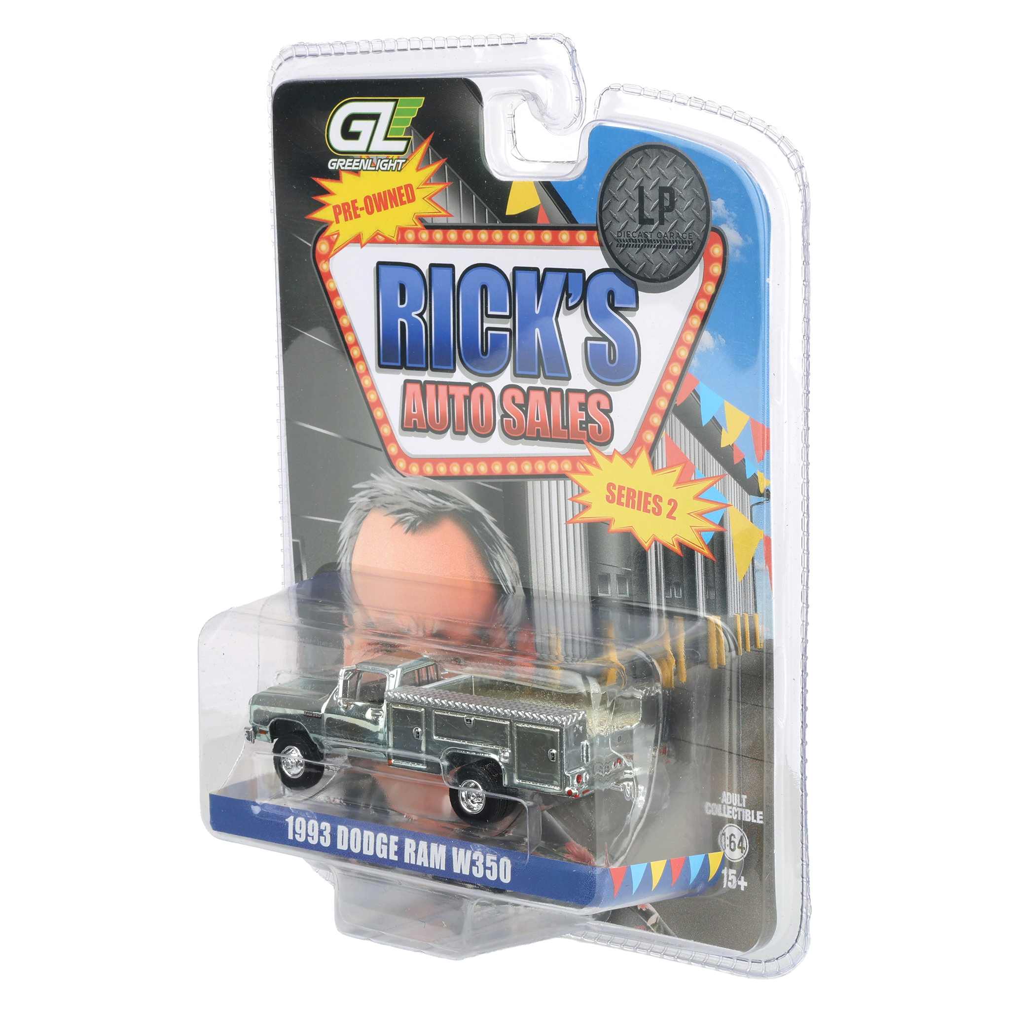 Silver Chrome Chase Unit ~ 1/64 1993 Dodge Ram 350 Pickup Truck with Service Bed, Rick's Auto Sales Series 2 by GreenLight Collectibles - Image 3