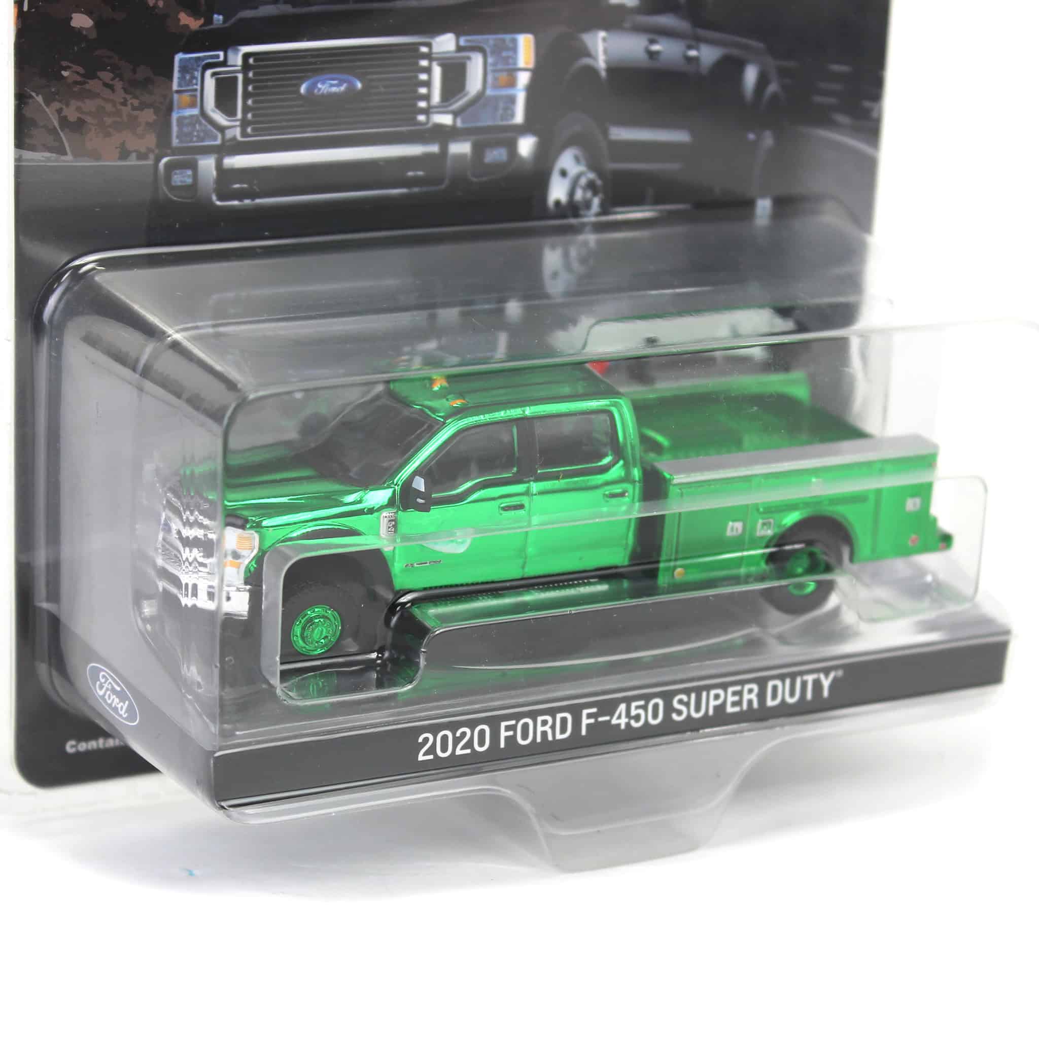 Chrome Green Chase Unit ~ 1/64 2020 Ford F-450 Super Duty Dually with Service Bed & Crane, Oxford White, Town & Country Exclusive - Image 2