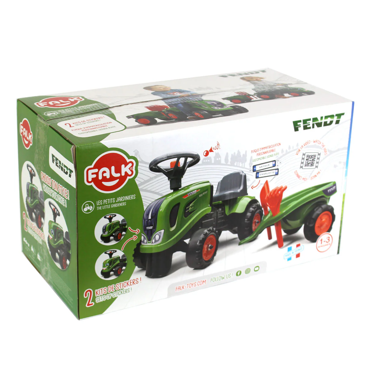 Fendt Ride-on & Push-along Tractor with Trailer, Rake, Shovel & 2 Sticker Sets by Falk - Image 5