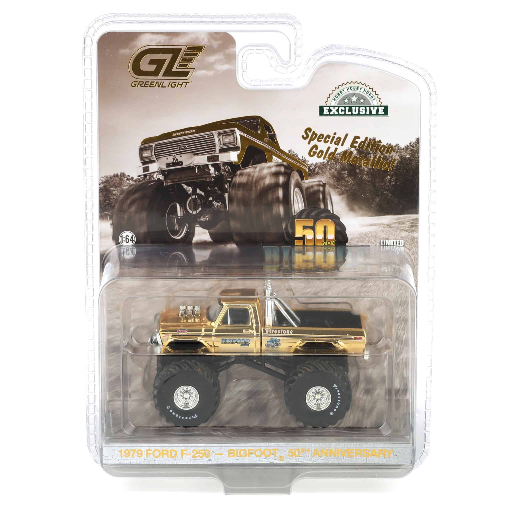 Gold Chrome Chase ~ 1/64 1979 Ford F-250 Monster Truck, Gold Metallic, Hobby Exclusive Bigfoot #1 50th Anniversary