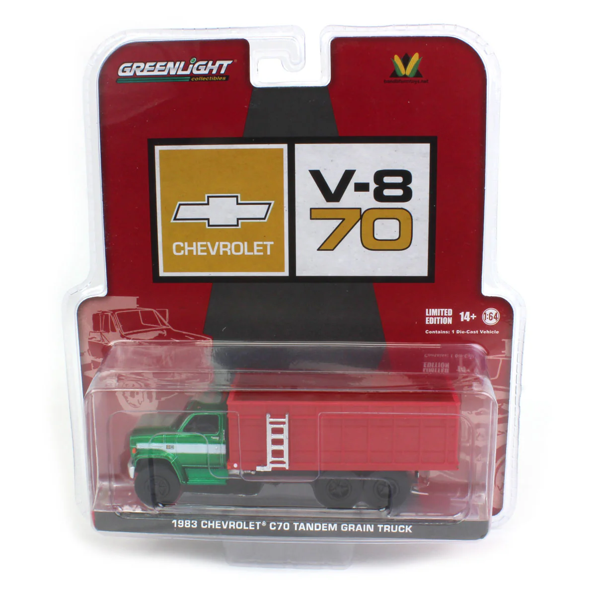 Green Chase ~ 1/64 1983 Chevrolet C70 Tandem Grain Truck with Gray Cab & Red Bed by GreenLight Collectibles