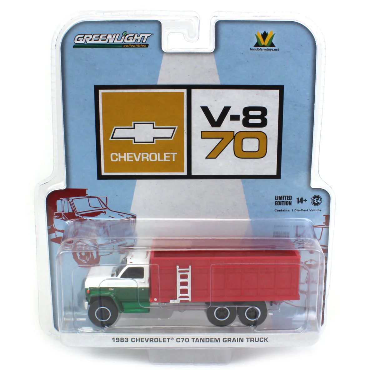 Green Chase Unit ~ 1/64 1983 Chevrolet C70 Tandem Grain Truck with Light Blue/White Cab & Red Bed
