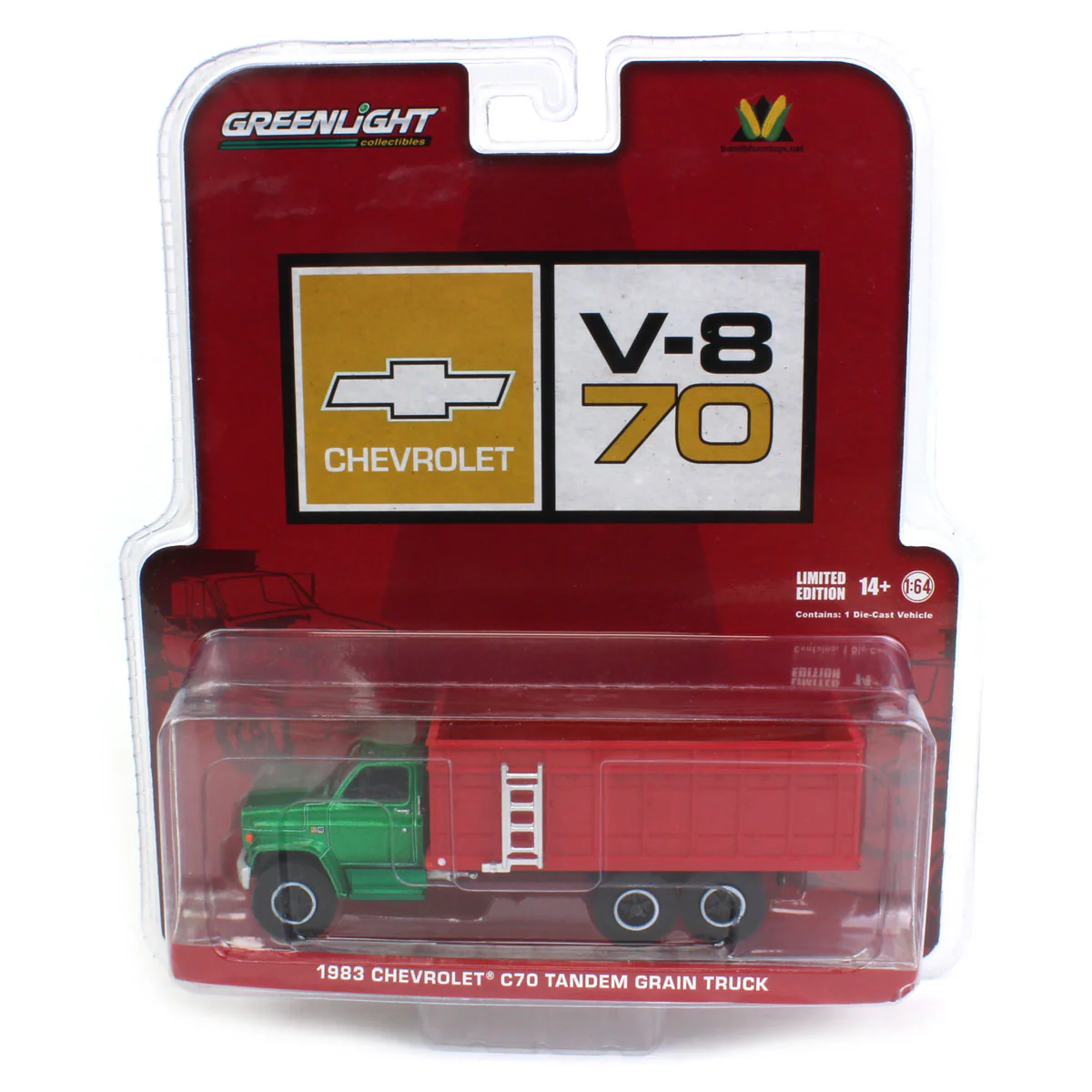 Green Chase ~ 1/64 1983 Chevrolet C70 Tandem Grain Truck with Red Cab & Red Bed by GreenLight Collectibles