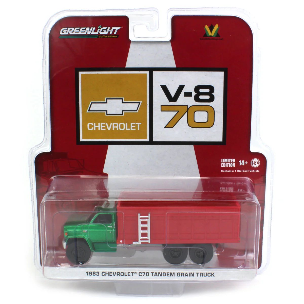 Green Chase ~ 1/64 1983 Chevrolet C70 Tandem Grain Truck with White Cab & Red Bed by GreenLight Collectibles