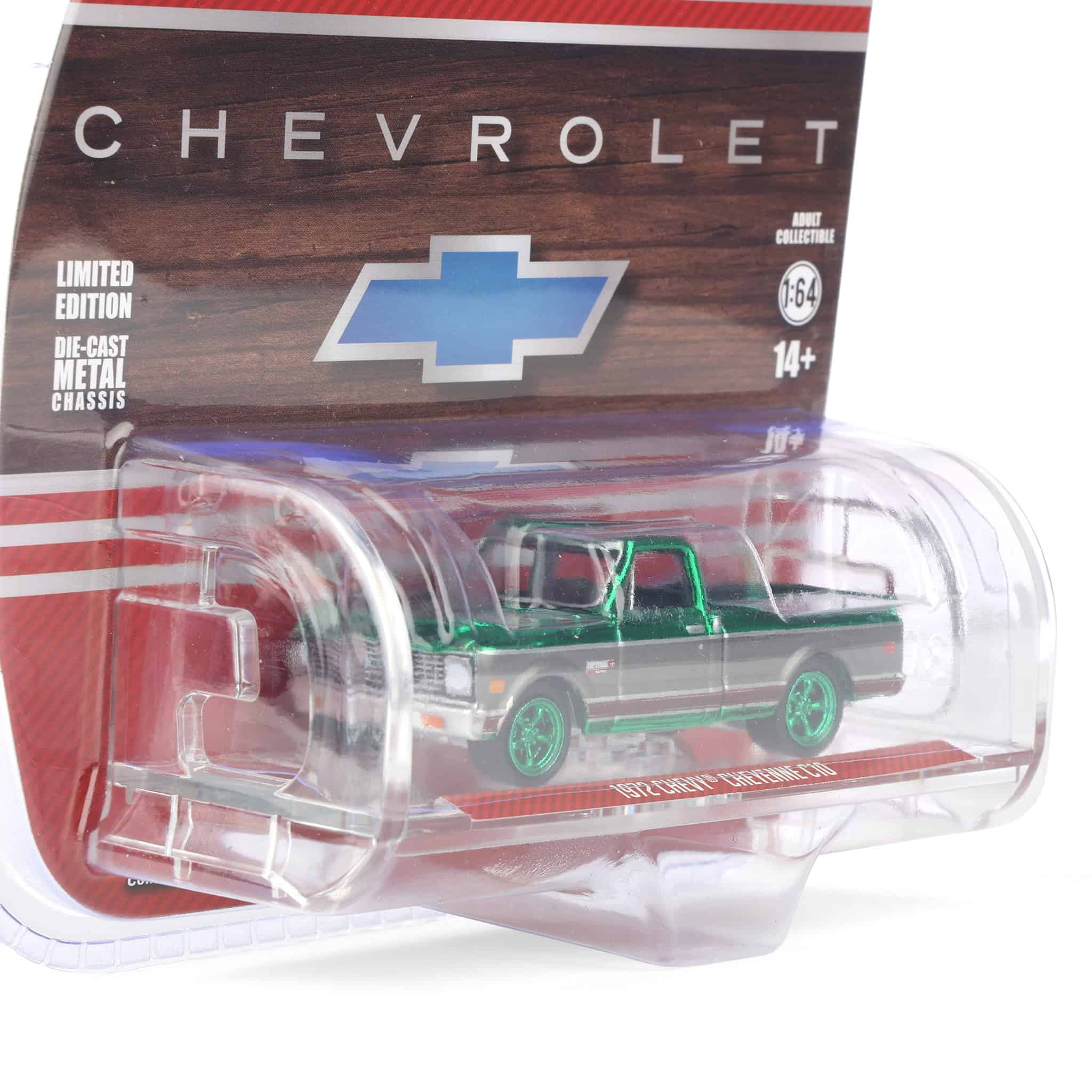 Green Chrome Chase ~ 1/64 1972 Chevy Cheyenne C10 Short Bed, Ruby Red & Gunmetal Gray, Hobby Exclusive - Image 2