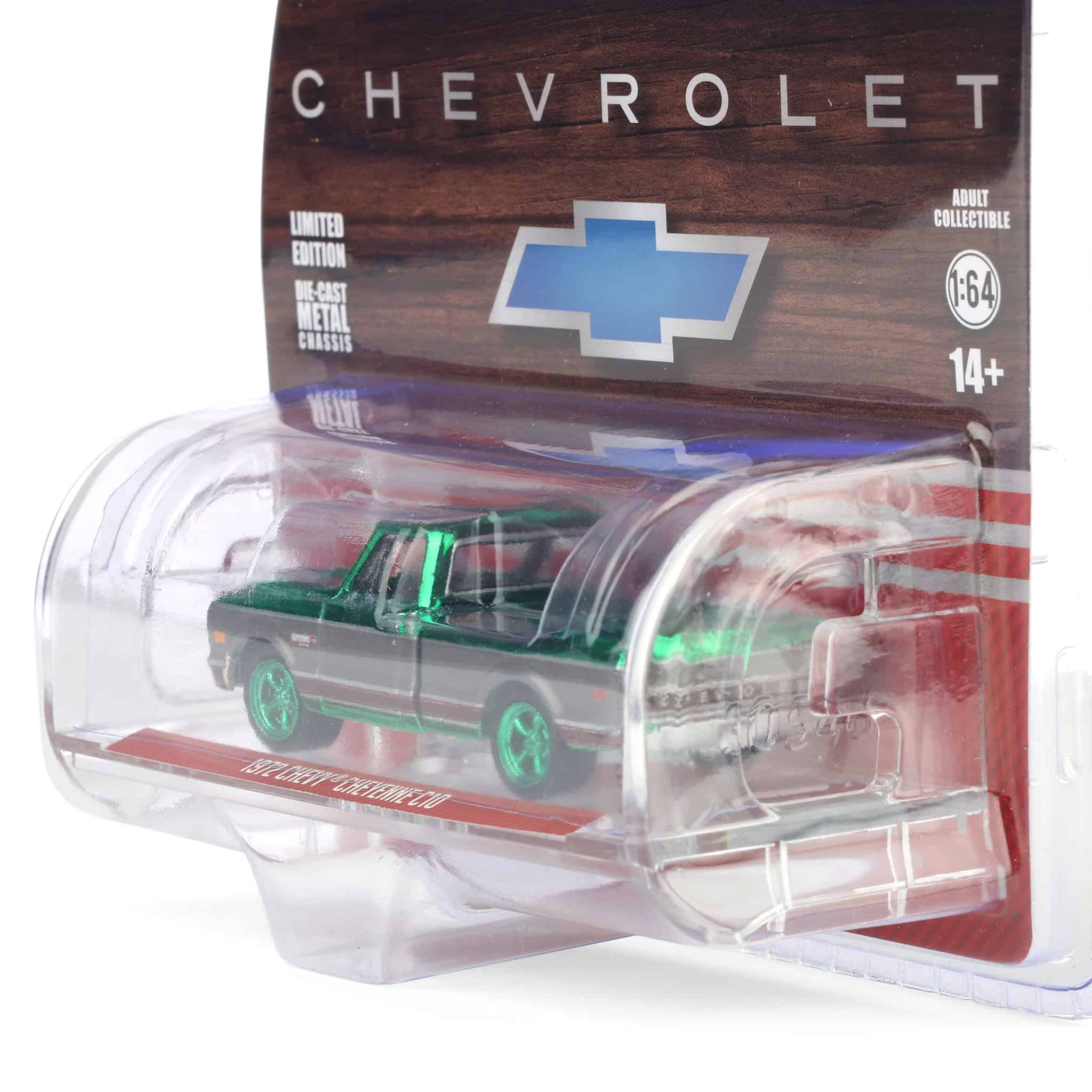 Green Chrome Chase ~ 1/64 1972 Chevy Cheyenne C10 Short Bed, Ruby Red & Gunmetal Gray, Hobby Exclusive - Image 3