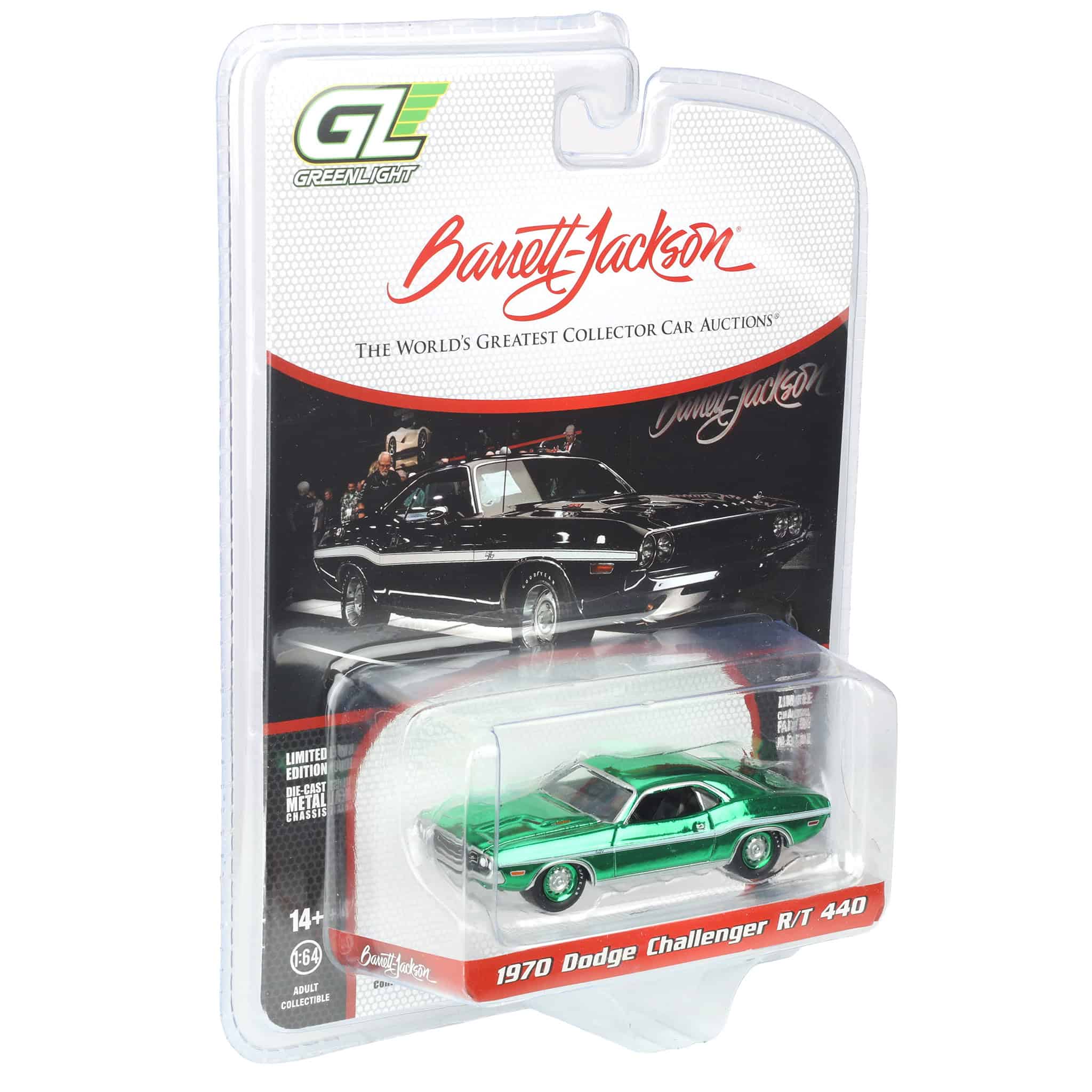 Green Chrome Chase Unit ~ 1/64 1970 Dodge Challenger R/T 440, Scottsdale 2024, Black, Barrett-Jackson Series 15 - Image 2
