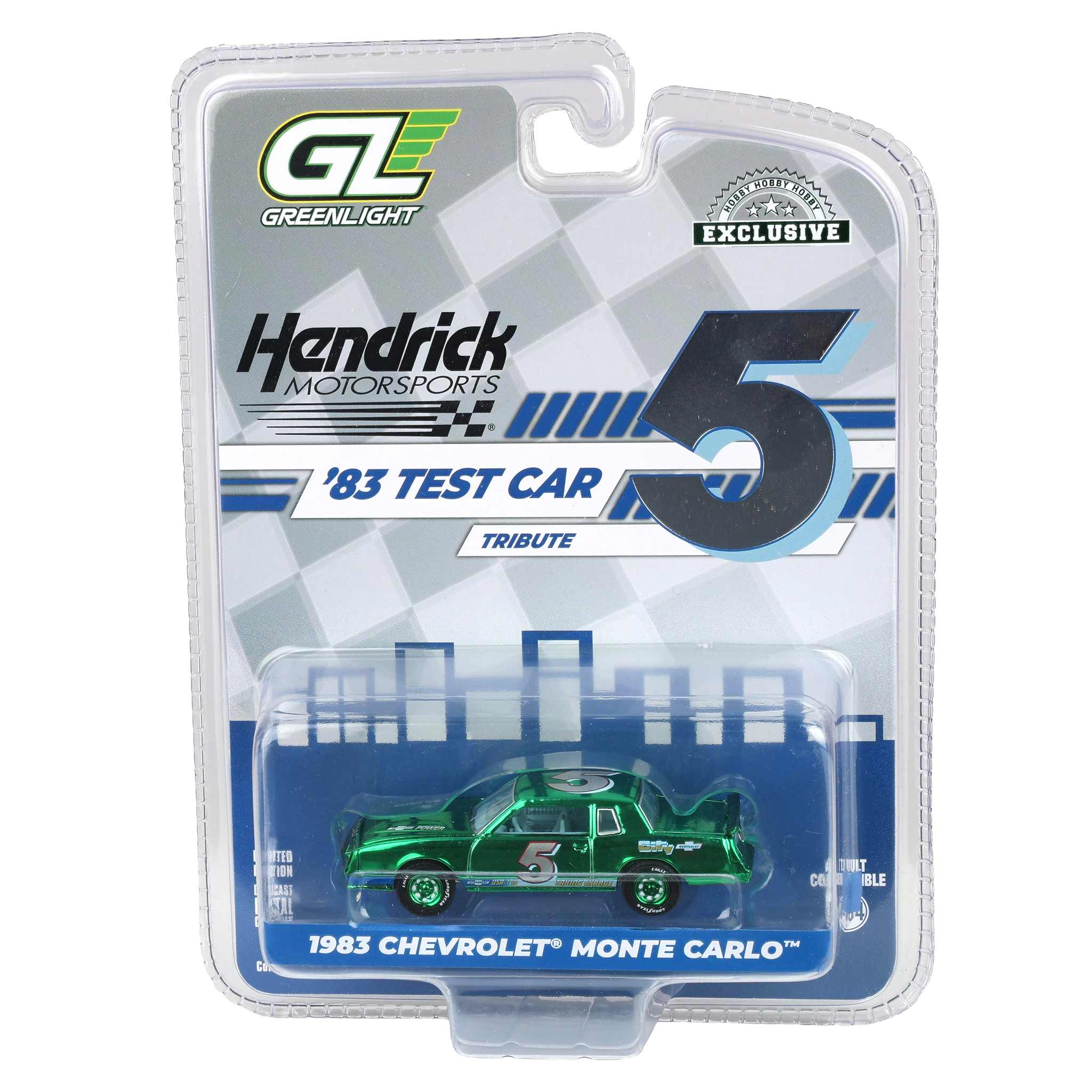 Green Chrome Chase Unit ~ 1/64 1983 Chevrolet Monte Carlo, Hendrick Motorsports First Test Car Tribute, Hobby Exclusive