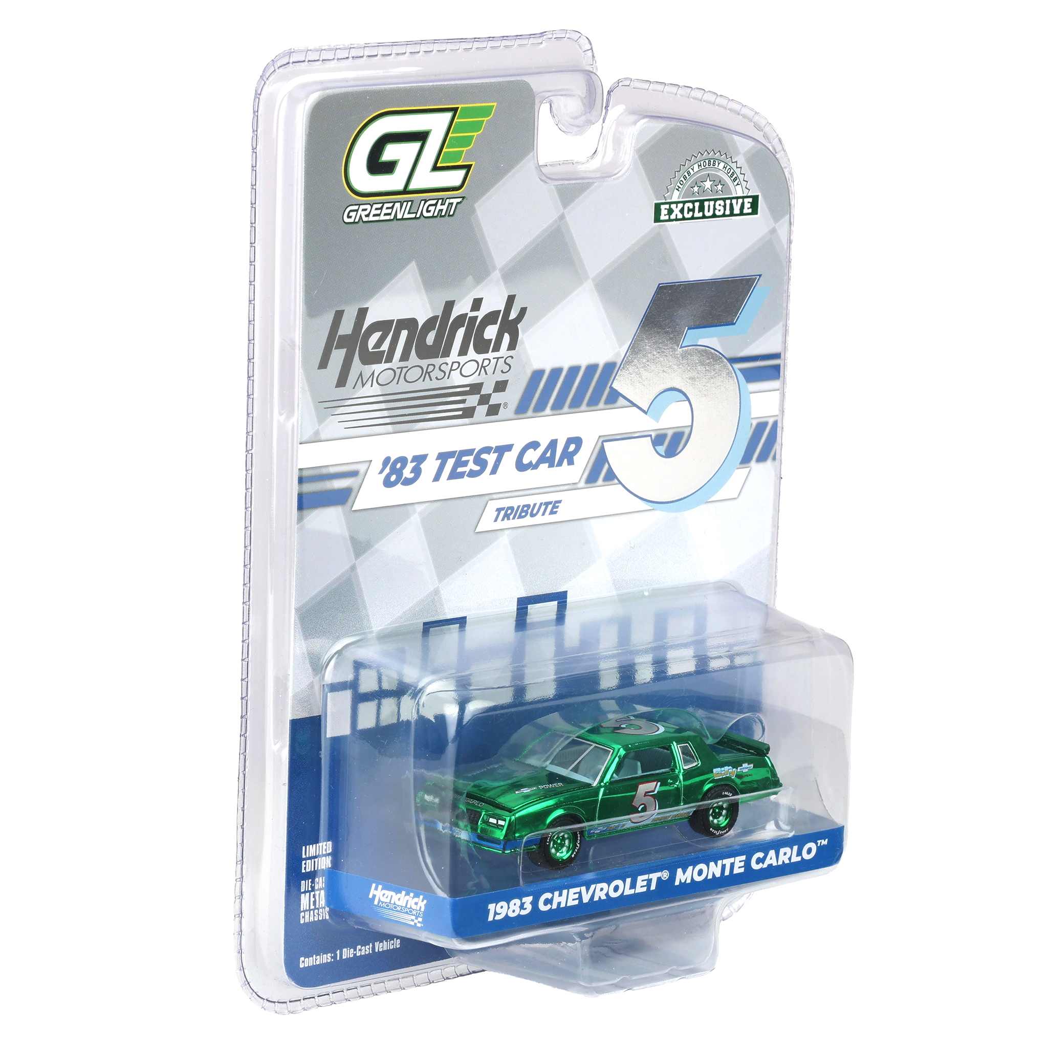 Green Chrome Chase Unit ~ 1/64 1983 Chevrolet Monte Carlo, Hendrick Motorsports First Test Car Tribute, Hobby Exclusive - Image 2
