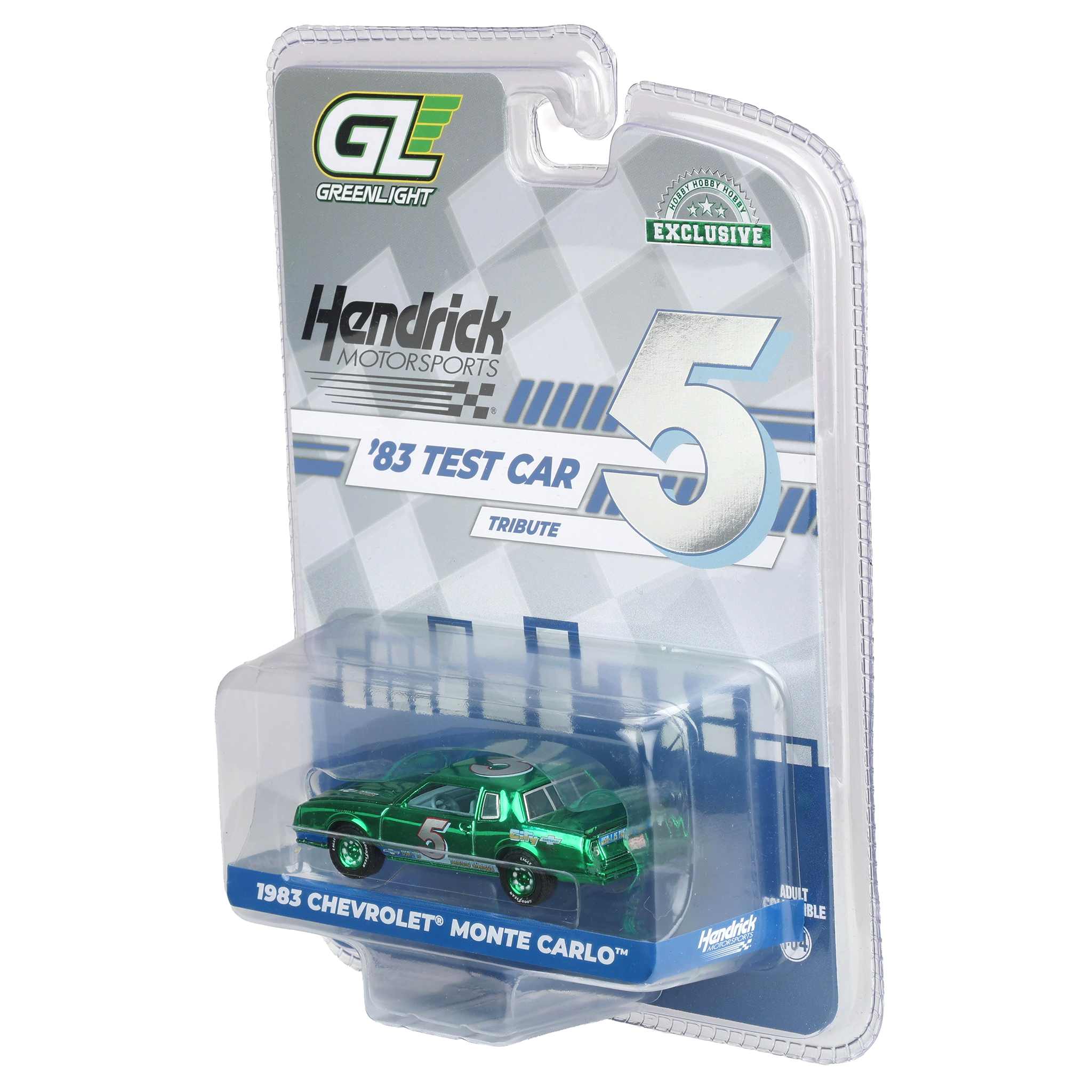 Green Chrome Chase Unit ~ 1/64 1983 Chevrolet Monte Carlo, Hendrick Motorsports First Test Car Tribute, Hobby Exclusive - Image 3