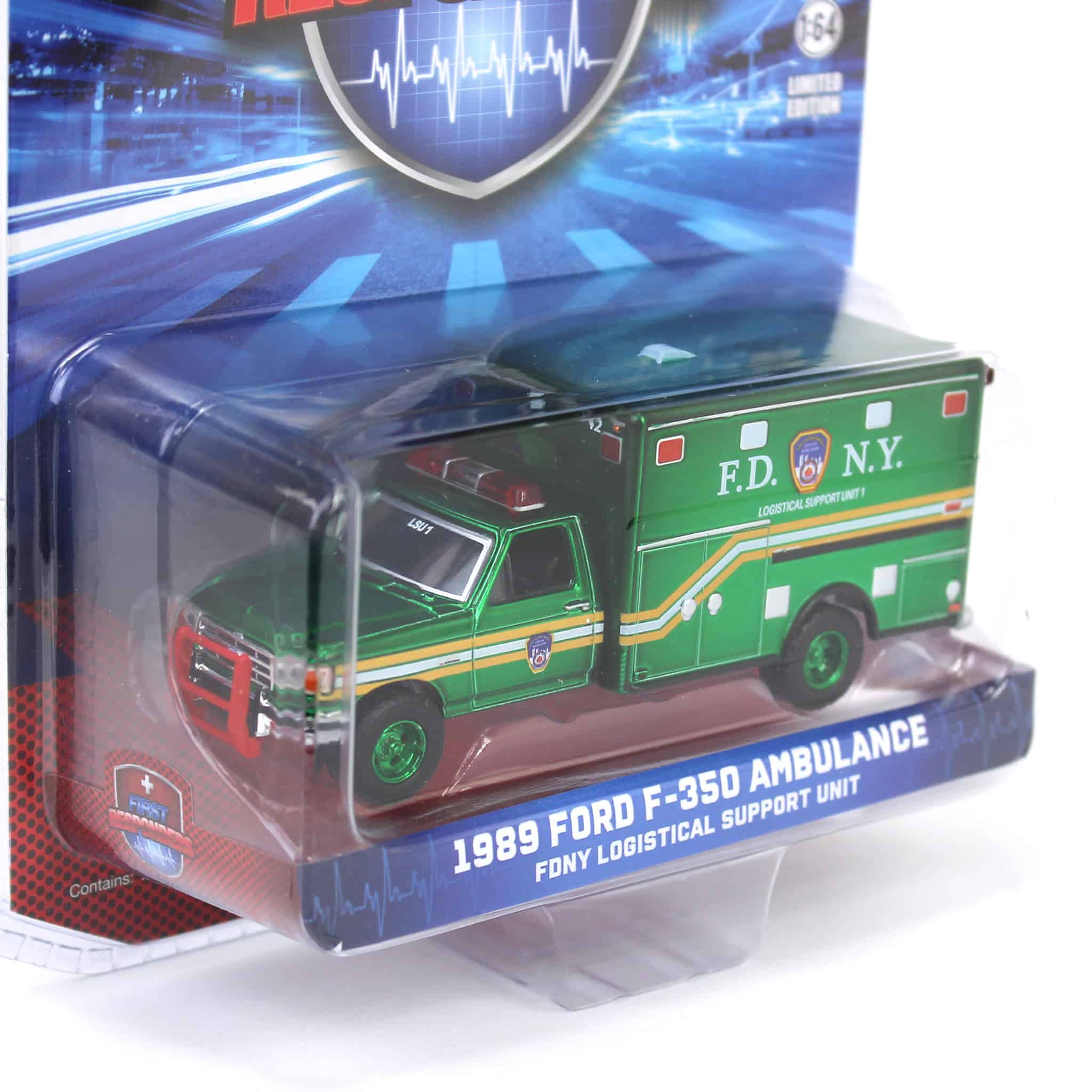 Green Chrome Chase Unit ~ 1/64 1989 Ford F-350 Ambulance - FDNY Logistical Support Unit, First Responders, Hobby Exclusive - Image 2