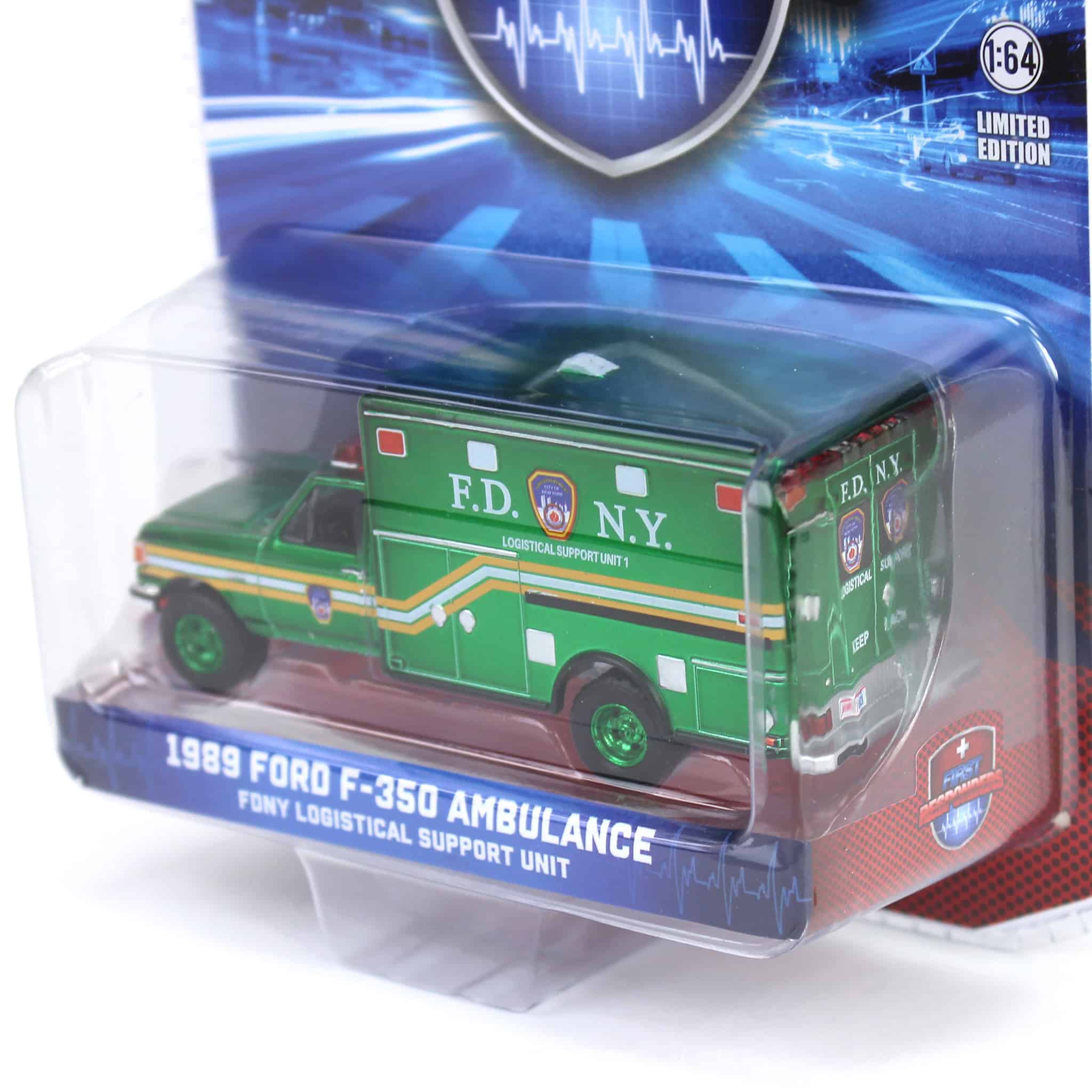 Green Chrome Chase Unit ~ 1/64 1989 Ford F-350 Ambulance - FDNY Logistical Support Unit, First Responders, Hobby Exclusive - Image 3