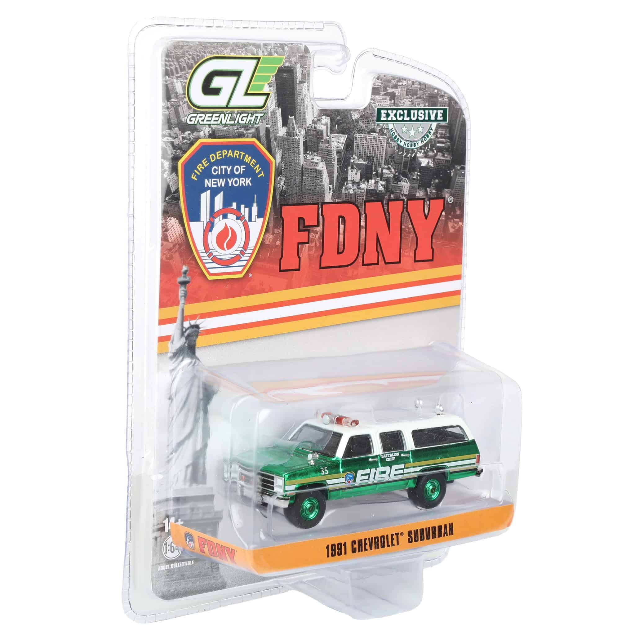 Green Chrome Chase Unit ~ 1/64 1991 Chevrolet Suburban, FDNY Battalion Chief, Hobby Exclusive - Image 2