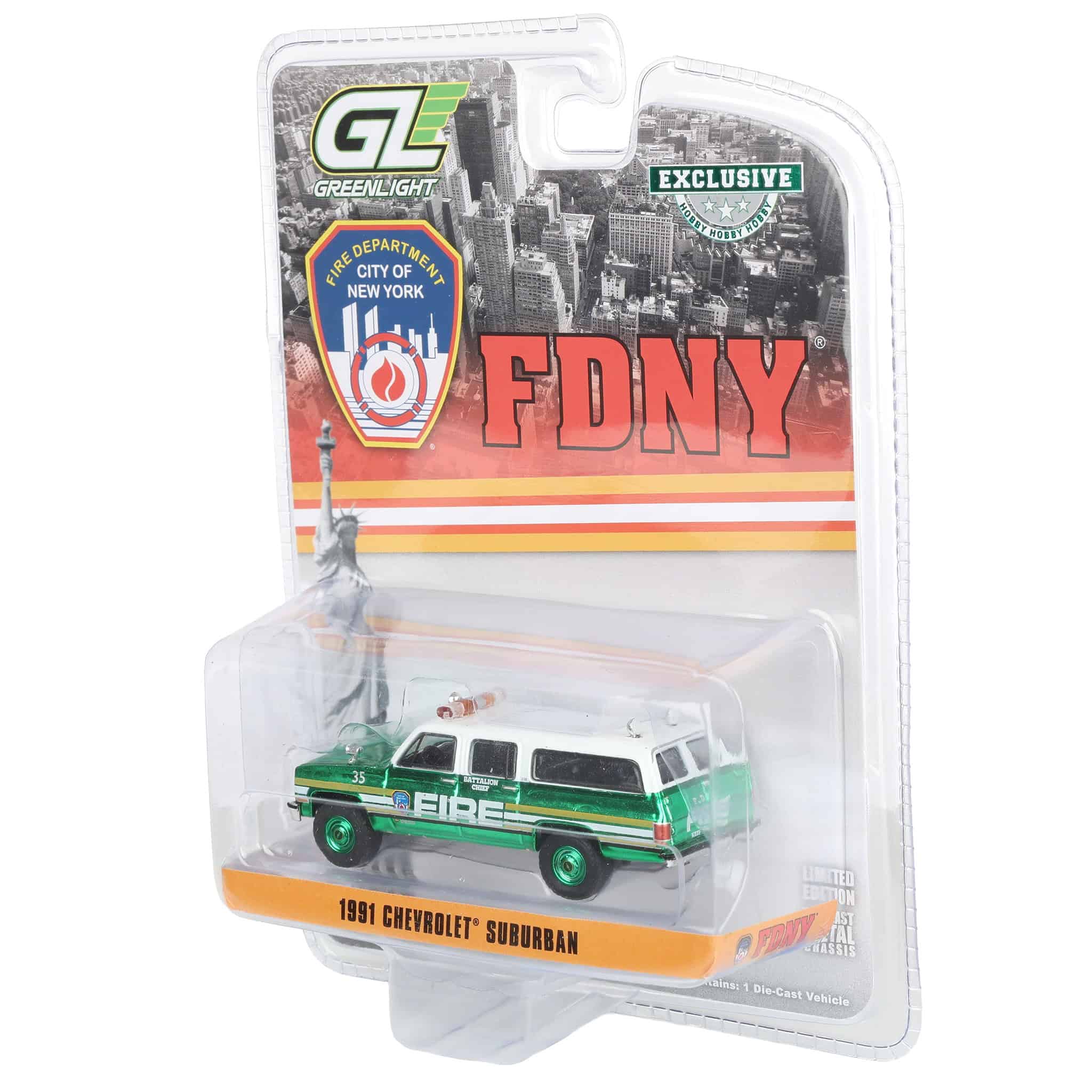 Green Chrome Chase Unit ~ 1/64 1991 Chevrolet Suburban, FDNY Battalion Chief, Hobby Exclusive - Image 3
