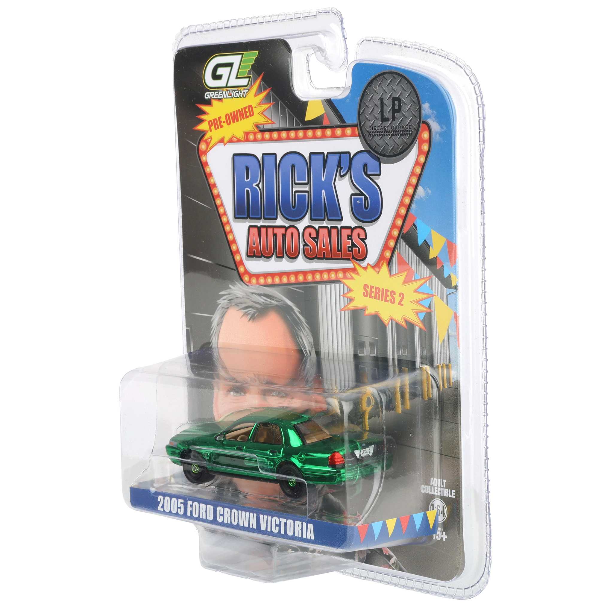 Green Chrome Chase Unit ~ 1/64 2005 Ford Crown Victoria Ex-Cop Car, Rick's Auto Sales Series 2 by GreenLight Collectibles - Image 3
