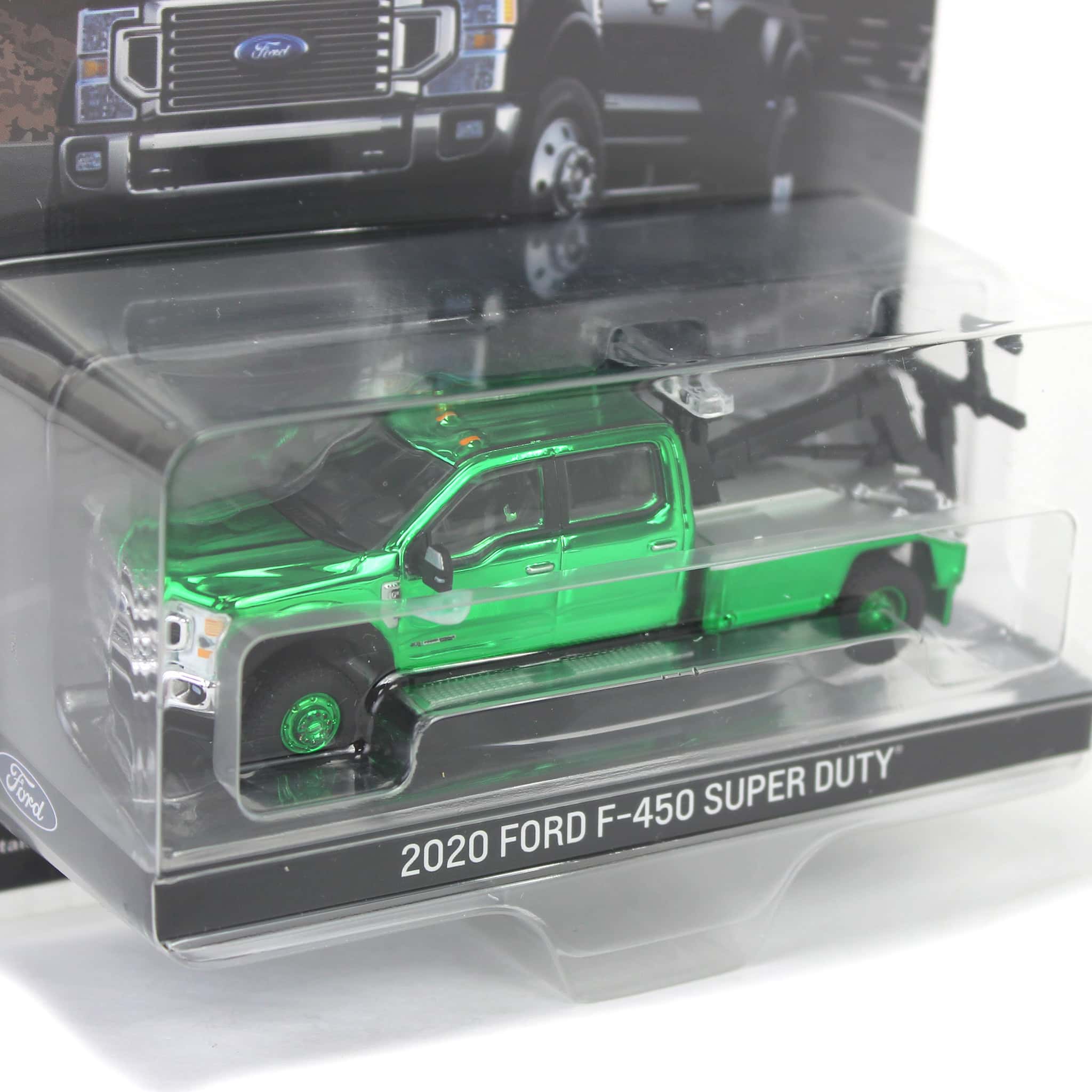Green Chrome Chase Unit ~ 1/64 2020 Ford F-450 Super Duty Dually with Service Bed & Crane, Agate Black, Town & Country Exclusive - Image 2