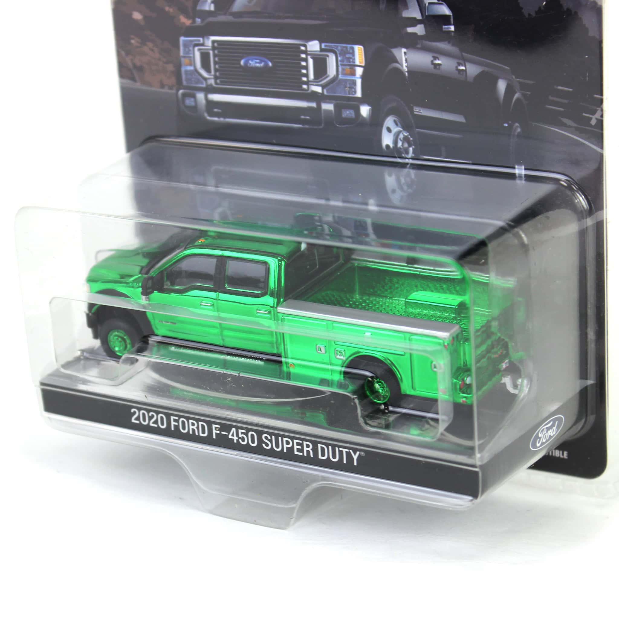 Green Chrome Chase Unit ~ 1/64 2020 Ford F-450 Super Duty Dually with Wrecker Bed, Agate Black, Town & Country Exclusive - Image 3