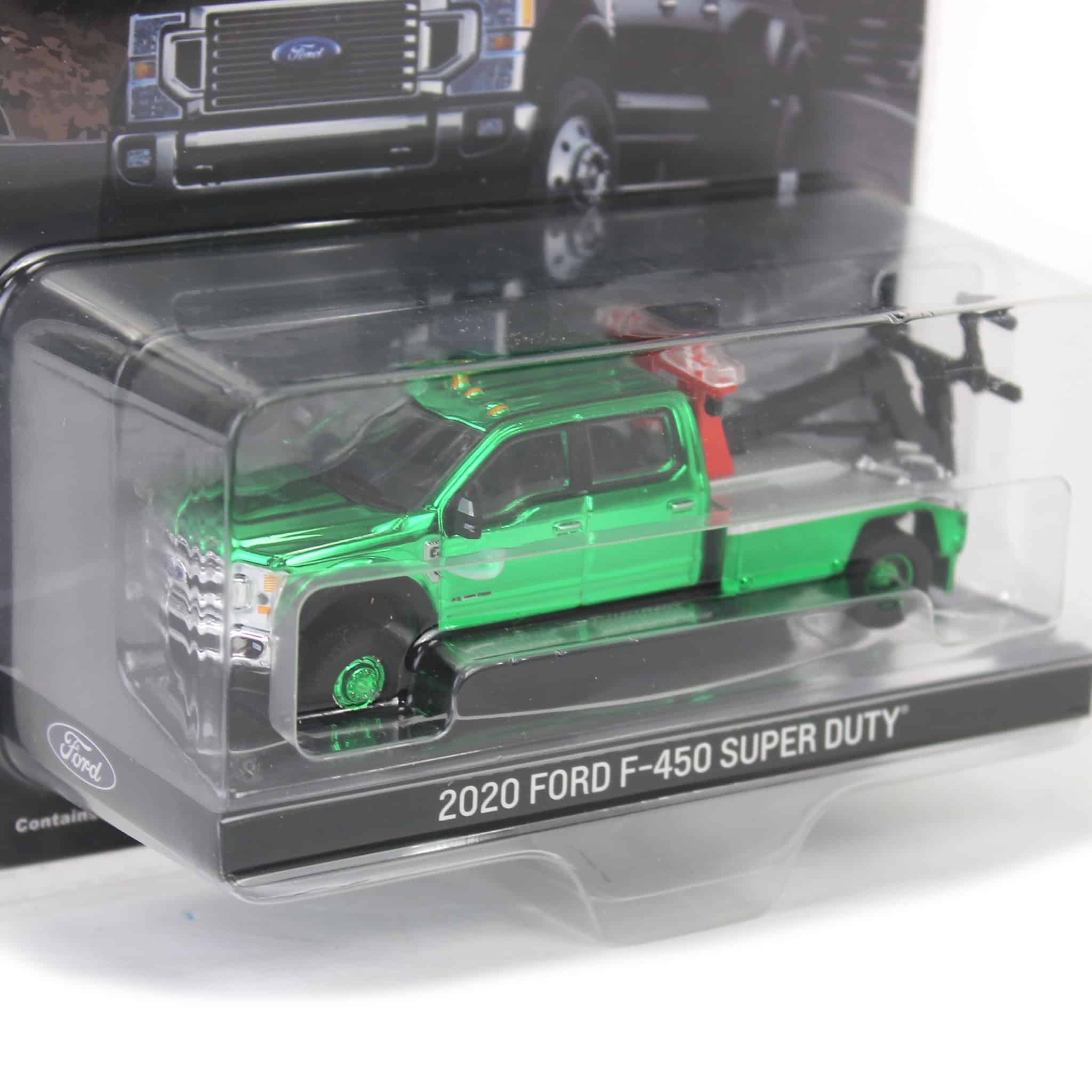 Green Chrome Chase Unit ~ 1/64 2020 Ford F-450 Super Duty Dually with Wrecker Bed, Rapid Red, Town & Country Exclusive - Image 2