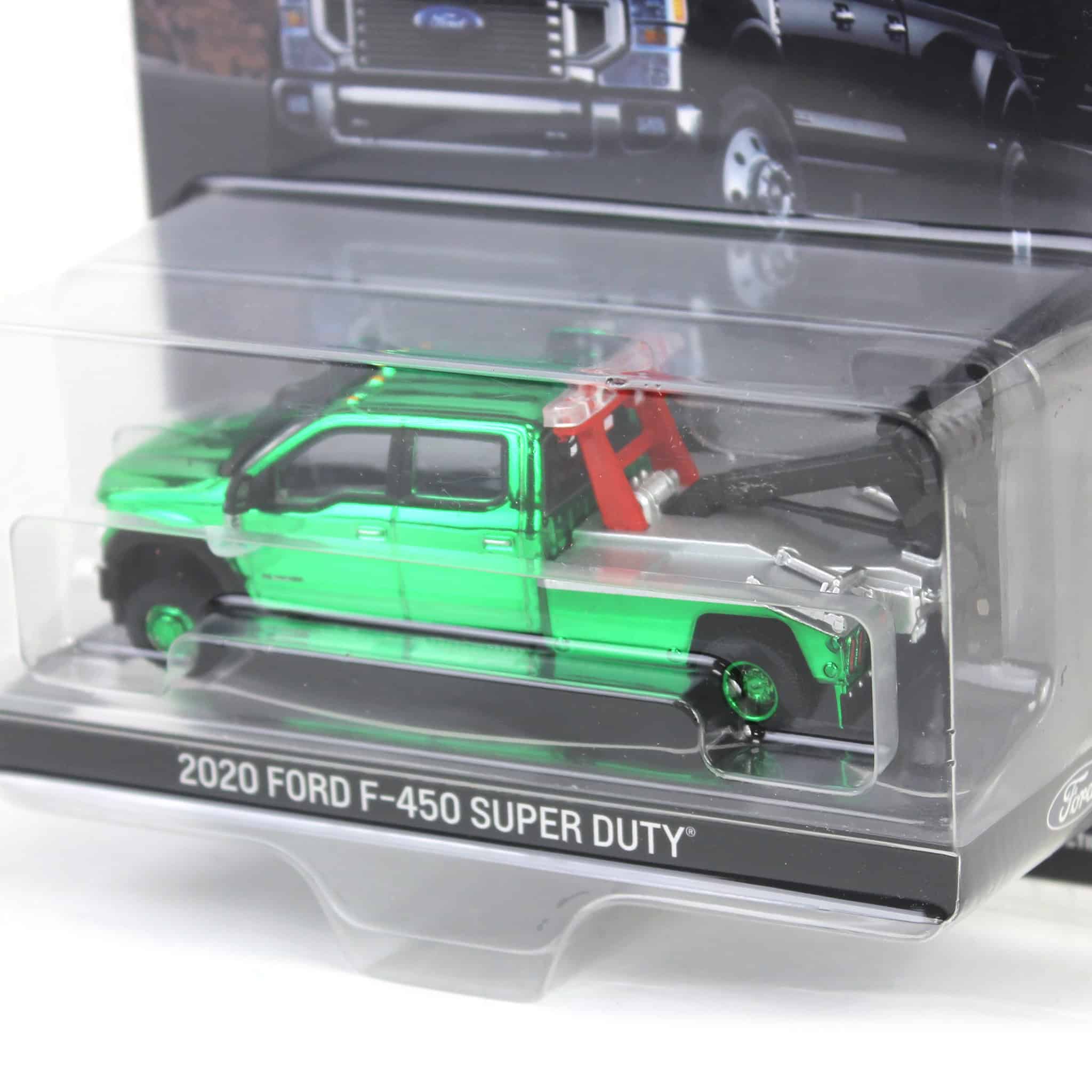 Green Chrome Chase Unit ~ 1/64 2020 Ford F-450 Super Duty Dually with Wrecker Bed, Rapid Red, Town & Country Exclusive - Image 3