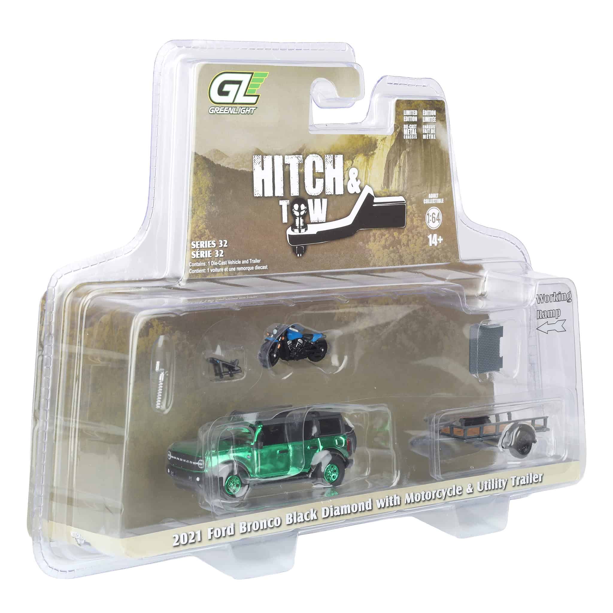 Green Chrome Chase Unit ~ 1/64 2021 Ford Bronco Black Diamond with Utility Trailer & Motorcycle, Hitch & Tow Series 32 - Image 2