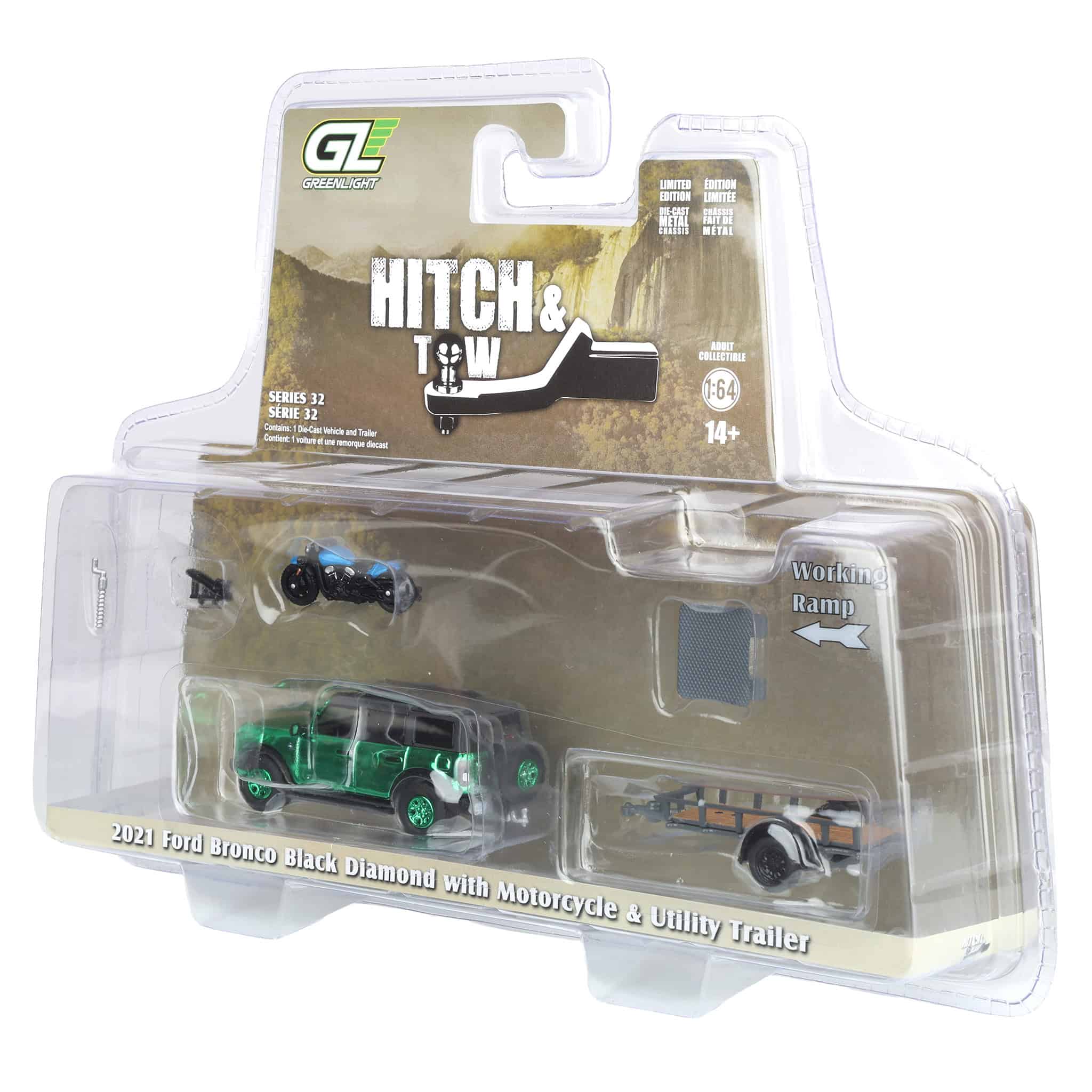 Green Chrome Chase Unit ~ 1/64 2021 Ford Bronco Black Diamond with Utility Trailer & Motorcycle, Hitch & Tow Series 32 - Image 3