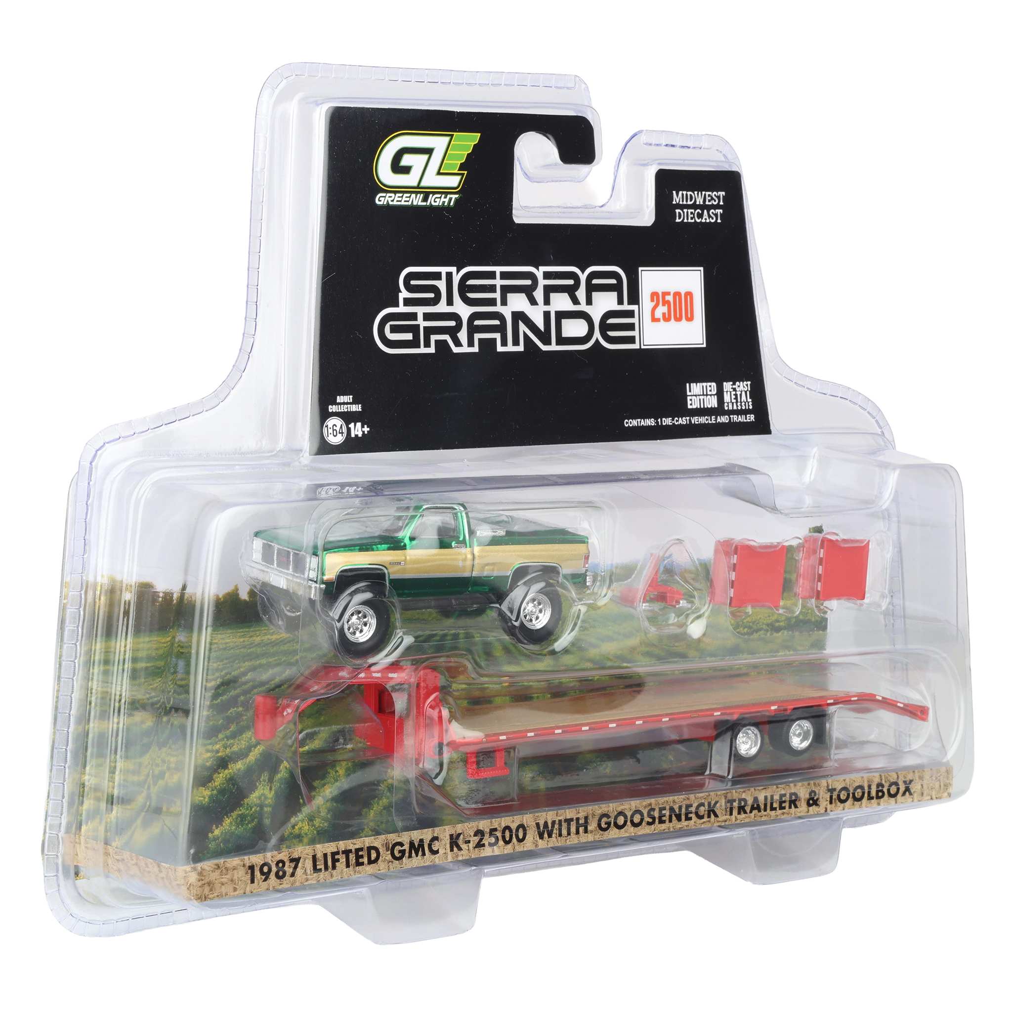Green Chrome Chase Unit ~ 1/64 Lifted 1987 GMC K2500 Pickup Truck with Toolbox & Gooseneck Flatbed Trailer - Image 2